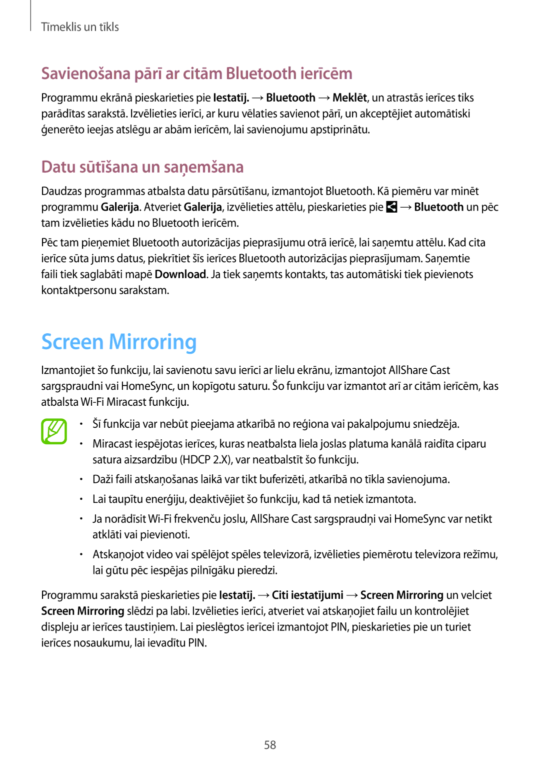 Samsung GT-N8010EAASEB manual Screen Mirroring, Savienošana pārī ar citām Bluetooth ierīcēm, Datu sūtīšana un saņemšana 