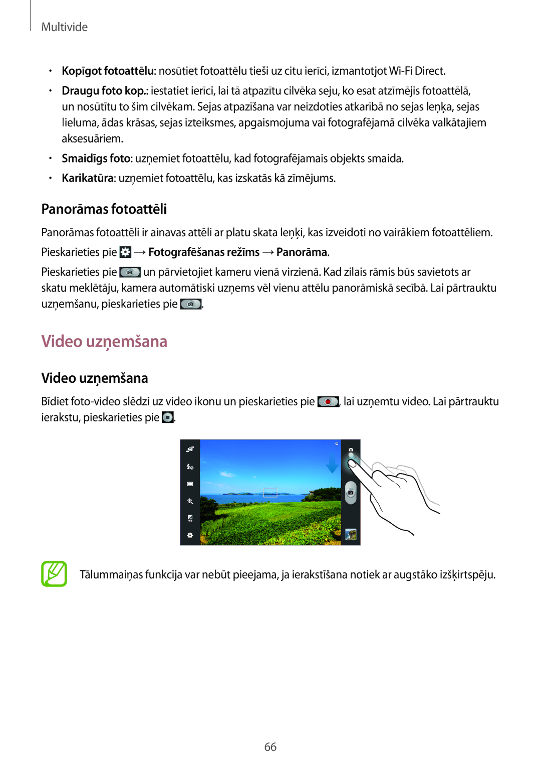 Samsung GT-N8010EAASEB manual Video uzņemšana, Panorāmas fotoattēli, Pieskarieties pie →Fotografēšanas režīms →Panorāma 