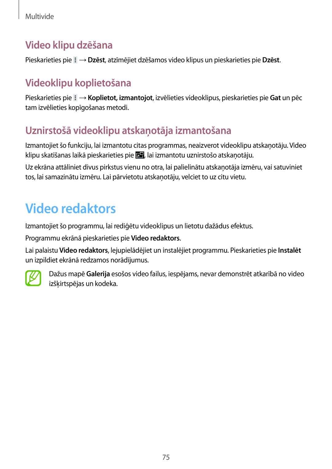 Samsung GT-N8010ZWASEB, GT-N8010EAASEB manual Video redaktors, Video klipu dzēšana, Videoklipu koplietošana 