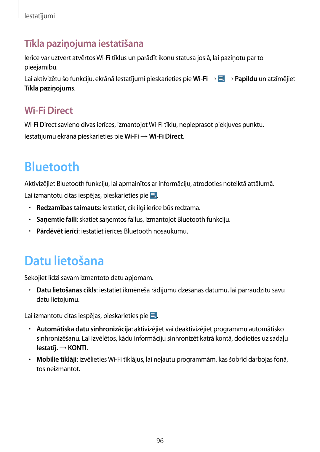 Samsung GT-N8010EAASEB, GT-N8010ZWASEB manual Datu lietošana, Tīkla paziņojuma iestatīšana, Wi-Fi Direct 