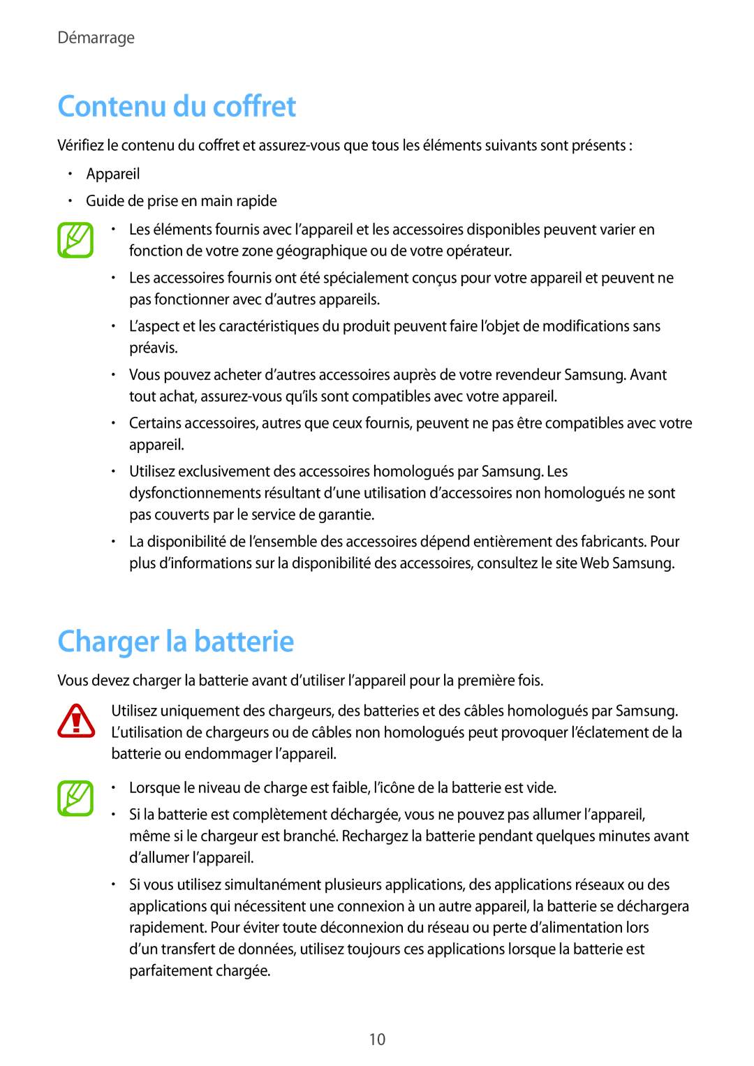 Samsung GT-N8010ZWEXEF, GT-N8010EAEXEF, GT-N8010ZWXXEF, GT-N8010ZWAXEF manual Contenu du coffret, Charger la batterie 