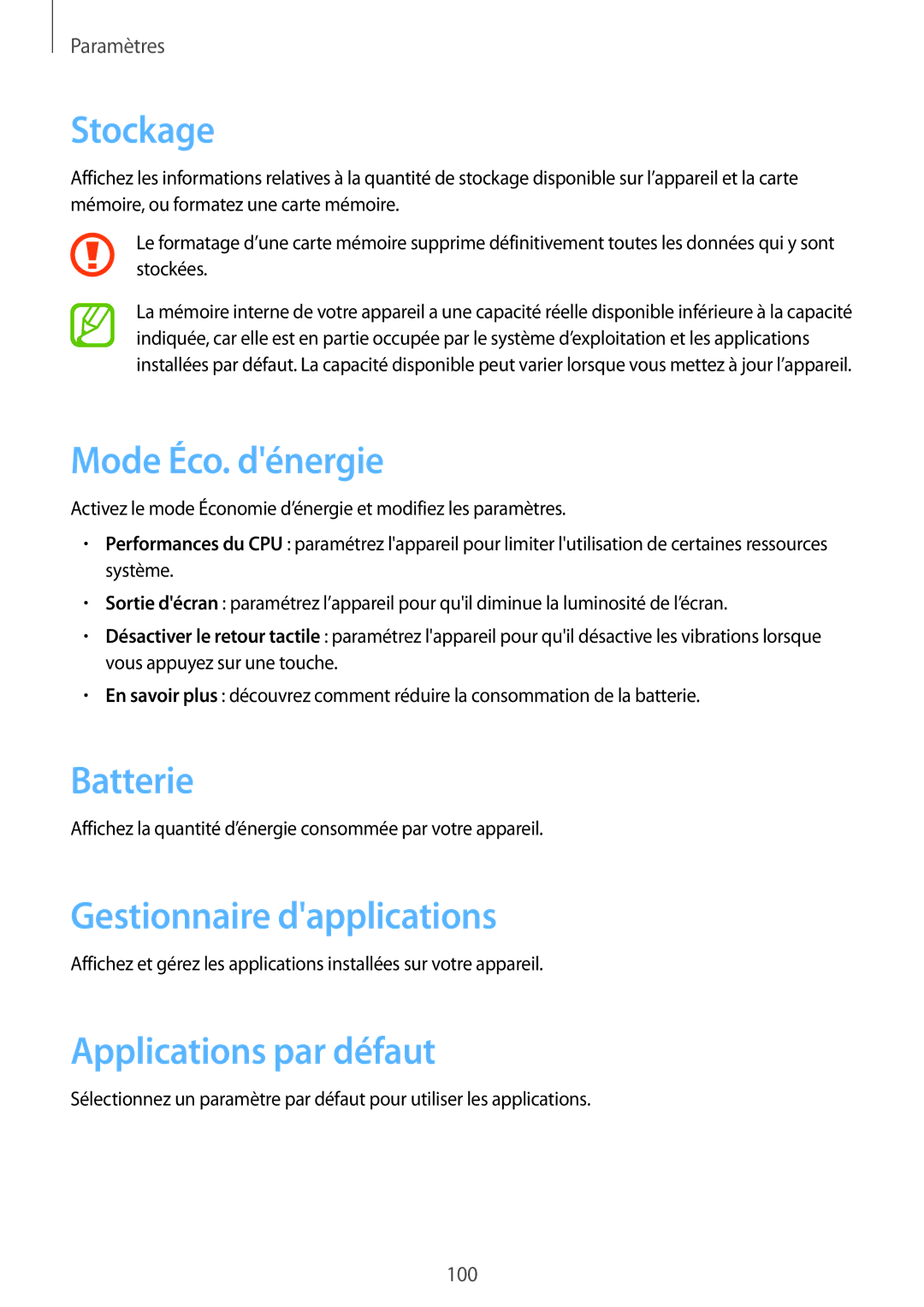 Samsung GT-N8010ZWEXEF manual Stockage, Mode Éco. dénergie, Batterie, Gestionnaire dapplications, Applications par défaut 