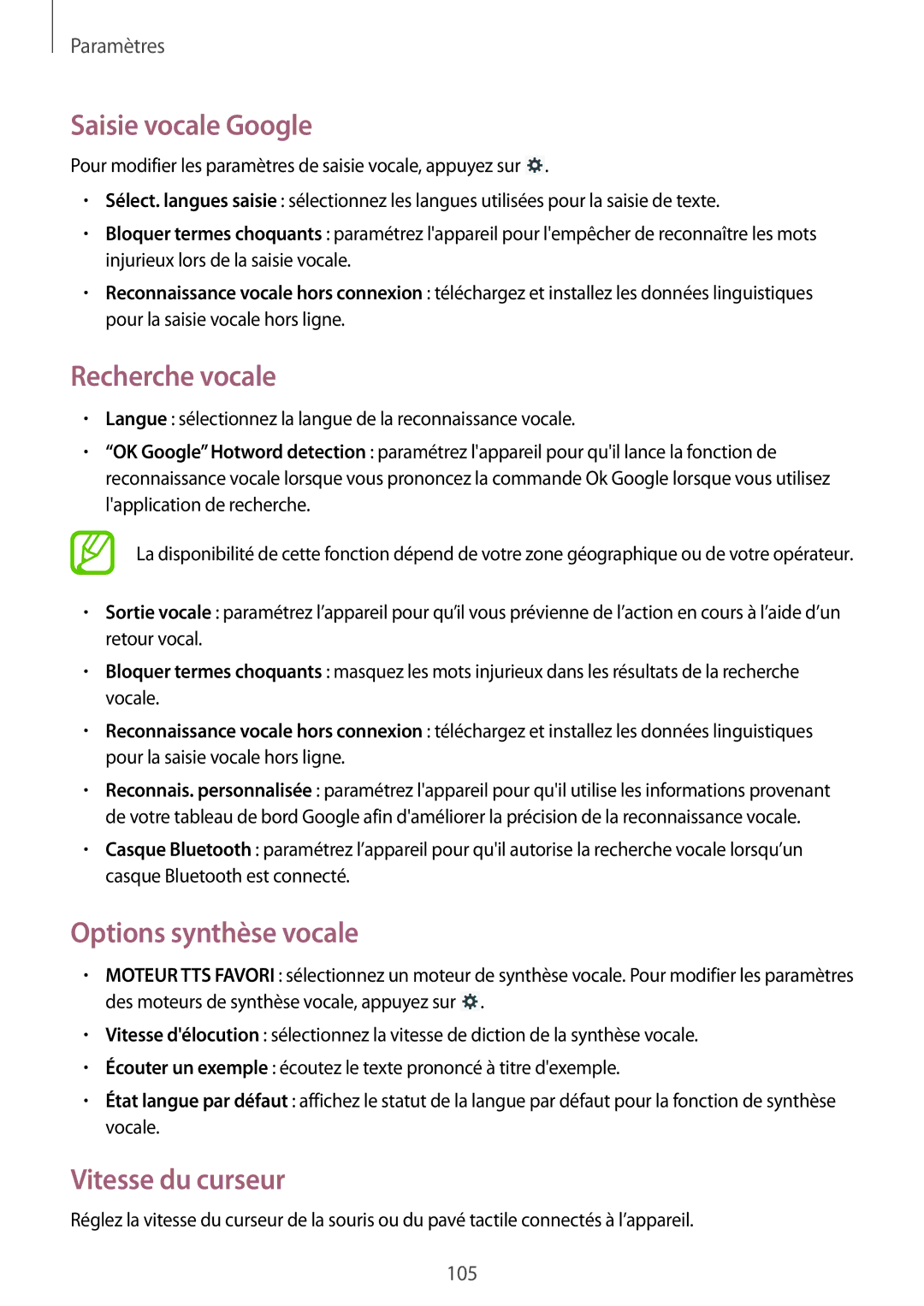 Samsung GT-N8010EAXXEF, GT-N8010EAEXEF Saisie vocale Google, Recherche vocale, Options synthèse vocale, Vitesse du curseur 