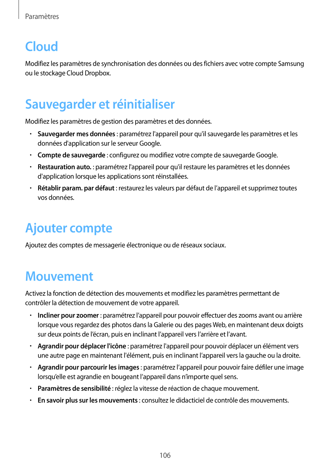 Samsung GT-N8010ZWEXEF, GT-N8010EAEXEF, GT-N8010ZWXXEF manual Sauvegarder et réinitialiser, Ajouter compte, Mouvement 