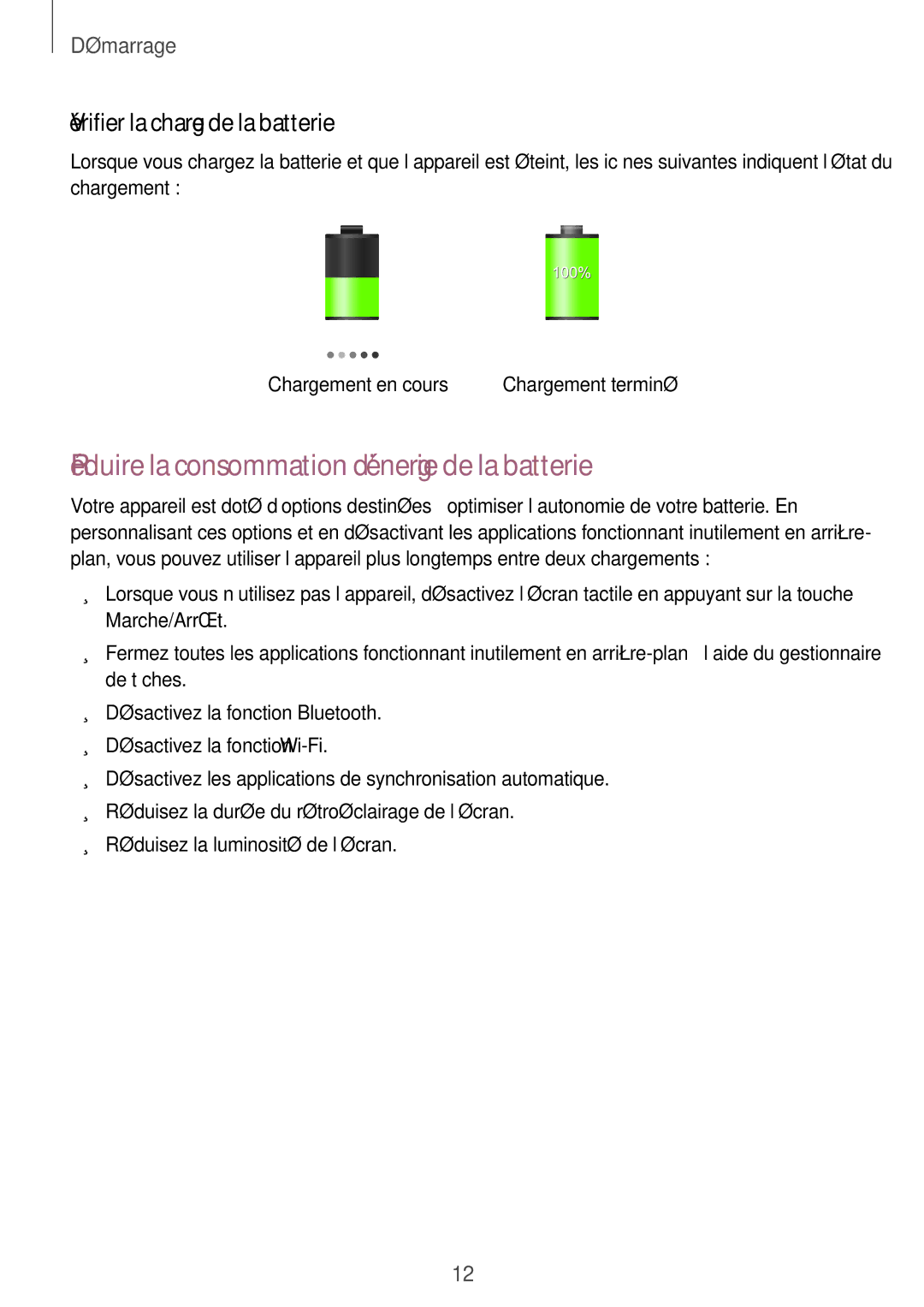 Samsung GT-N8010EAEXEF, GT-N8010ZWXXEF Réduire la consommation d’énergie de la batterie, Vérifier la charge de la batterie 