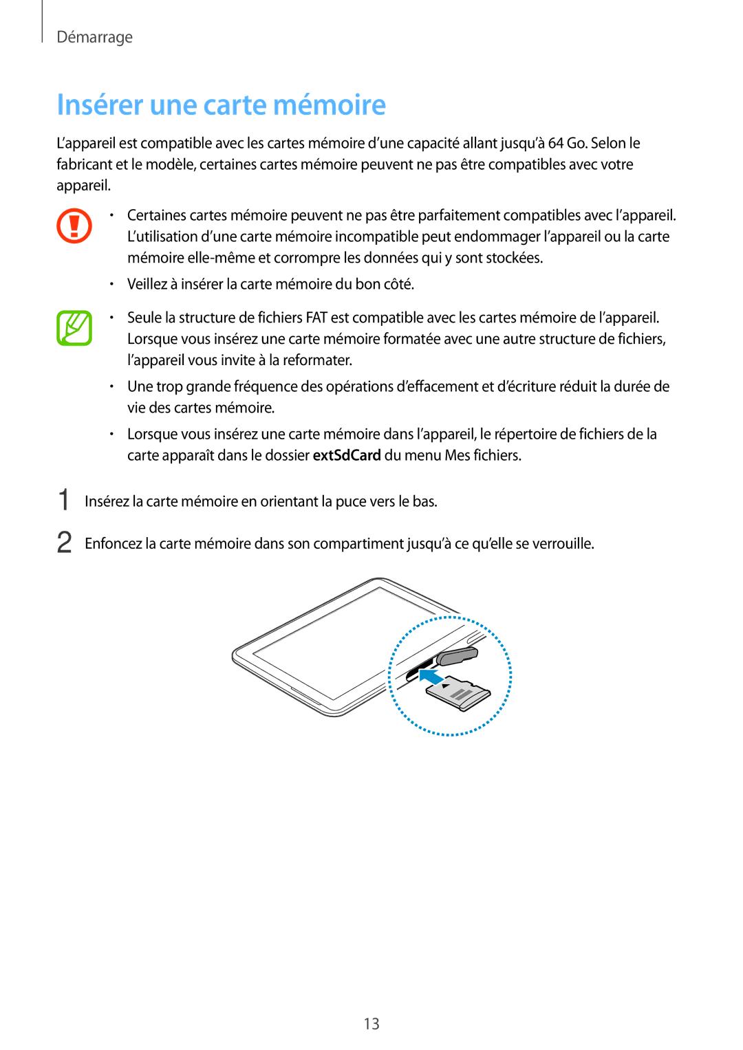 Samsung GT-N8010ZWXXEF, GT-N8010EAEXEF, GT-N8010ZWAXEF, GT-N8010EAXXEF, GT-N8010ZWEXEF manual Insérer une carte mémoire 