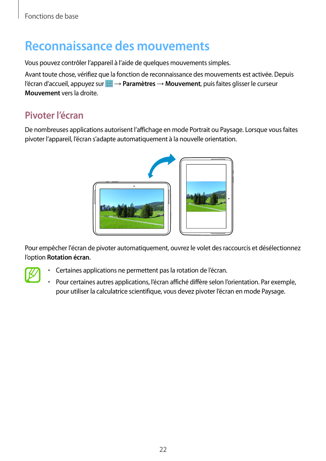 Samsung GT-N8010ZWEXEF, GT-N8010EAEXEF, GT-N8010ZWXXEF, GT-N8010ZWAXEF manual Reconnaissance des mouvements, Pivoter l’écran 
