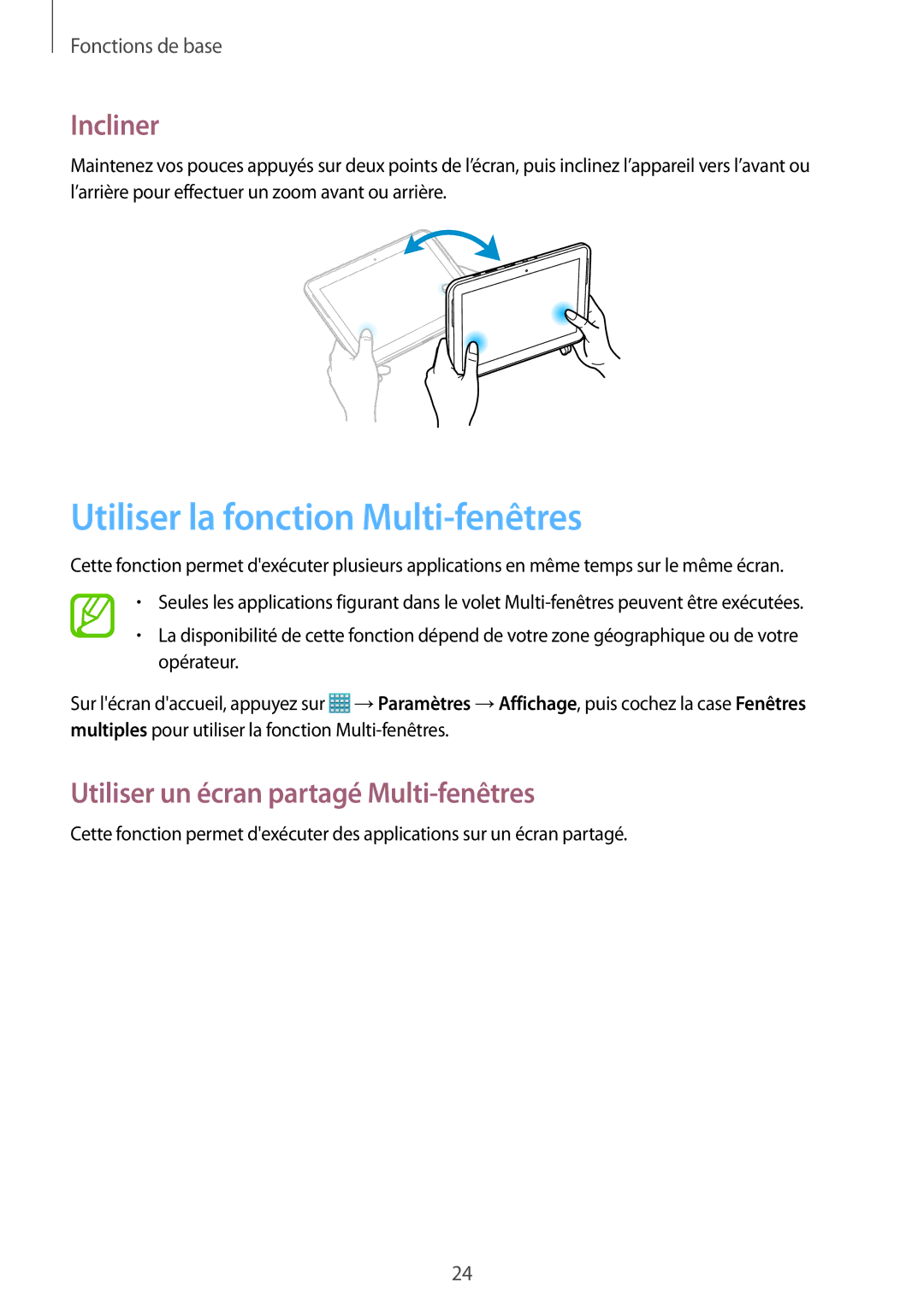 Samsung GT-N8010EAEXEF manual Utiliser la fonction Multi-fenêtres, Incliner, Utiliser un écran partagé Multi-fenêtres 