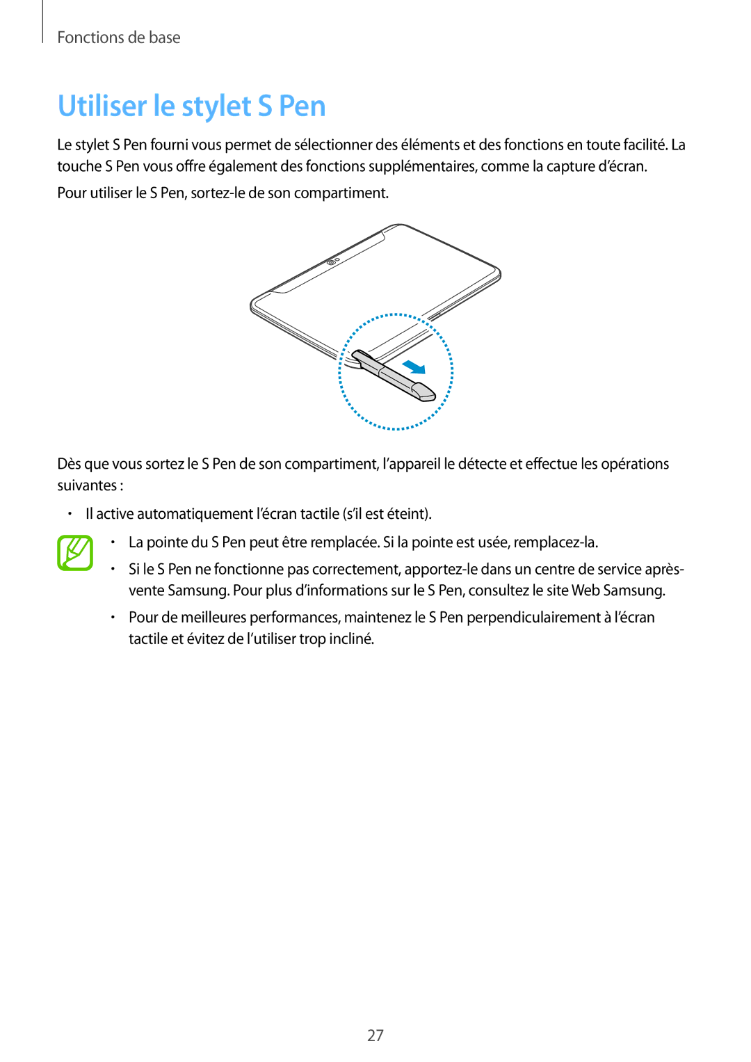 Samsung GT-N8010EAXXEF, GT-N8010EAEXEF, GT-N8010ZWXXEF, GT-N8010ZWAXEF, GT-N8010ZWEXEF manual Utiliser le stylet S Pen 