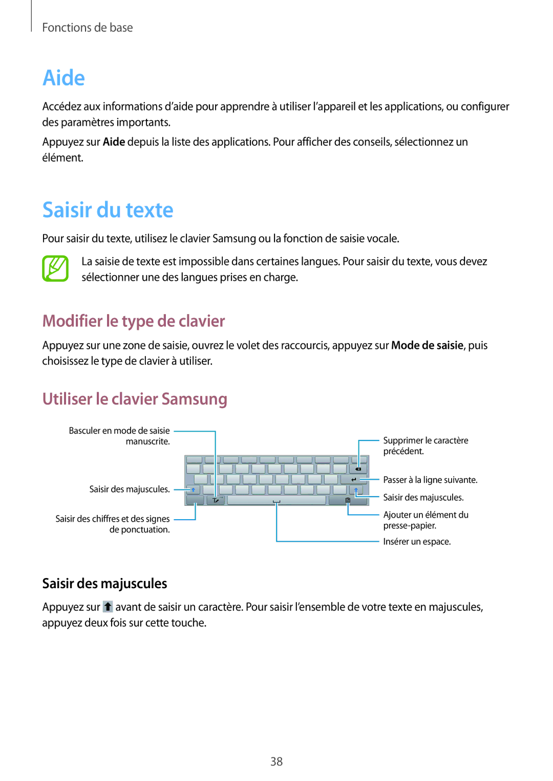 Samsung GT-N8010ZWAXEF, GT-N8010EAEXEF Aide, Saisir du texte, Modifier le type de clavier, Utiliser le clavier Samsung 