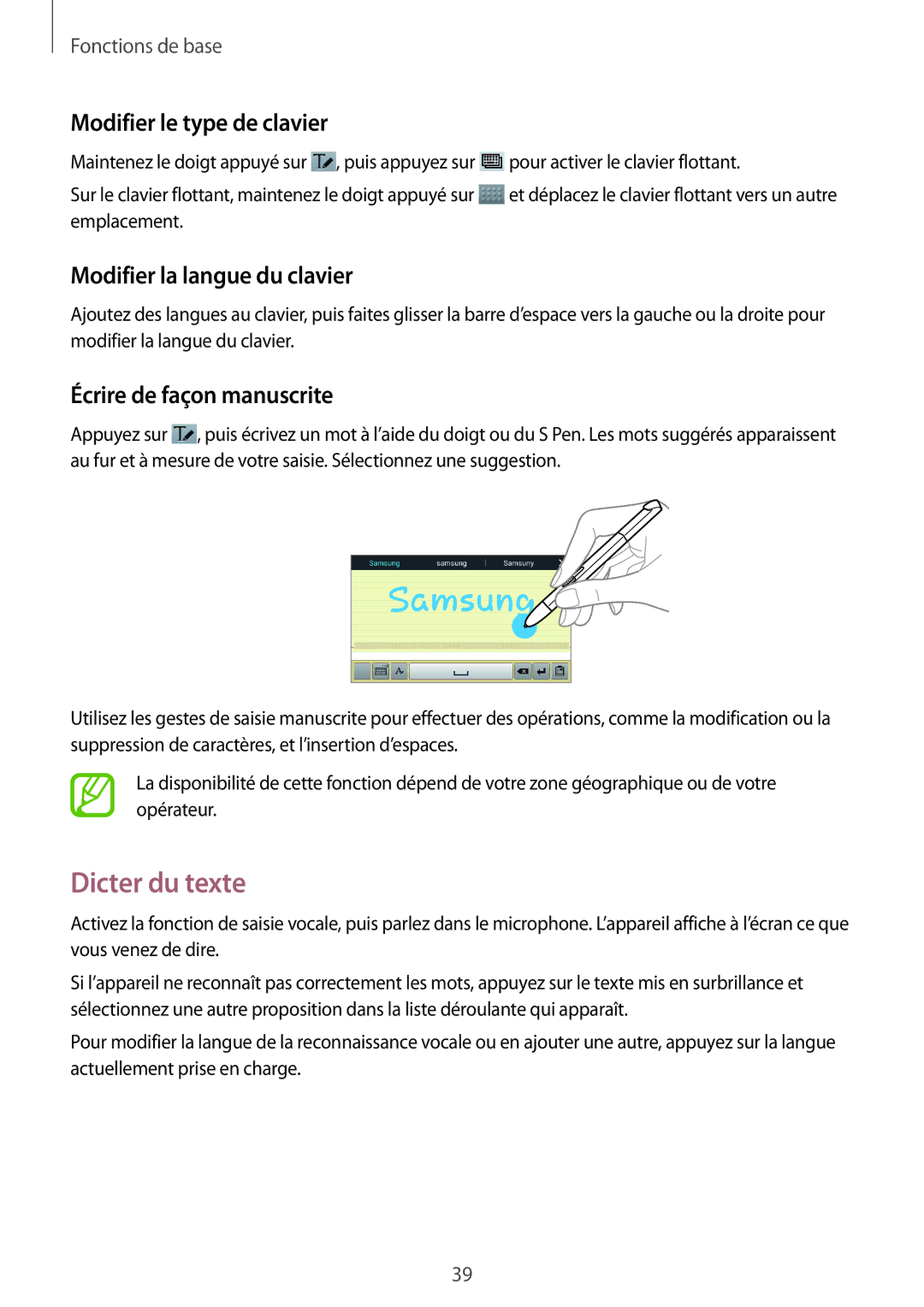 Samsung GT-N8010EAXXEF, GT-N8010EAEXEF manual Dicter du texte, Modifier le type de clavier, Modifier la langue du clavier 