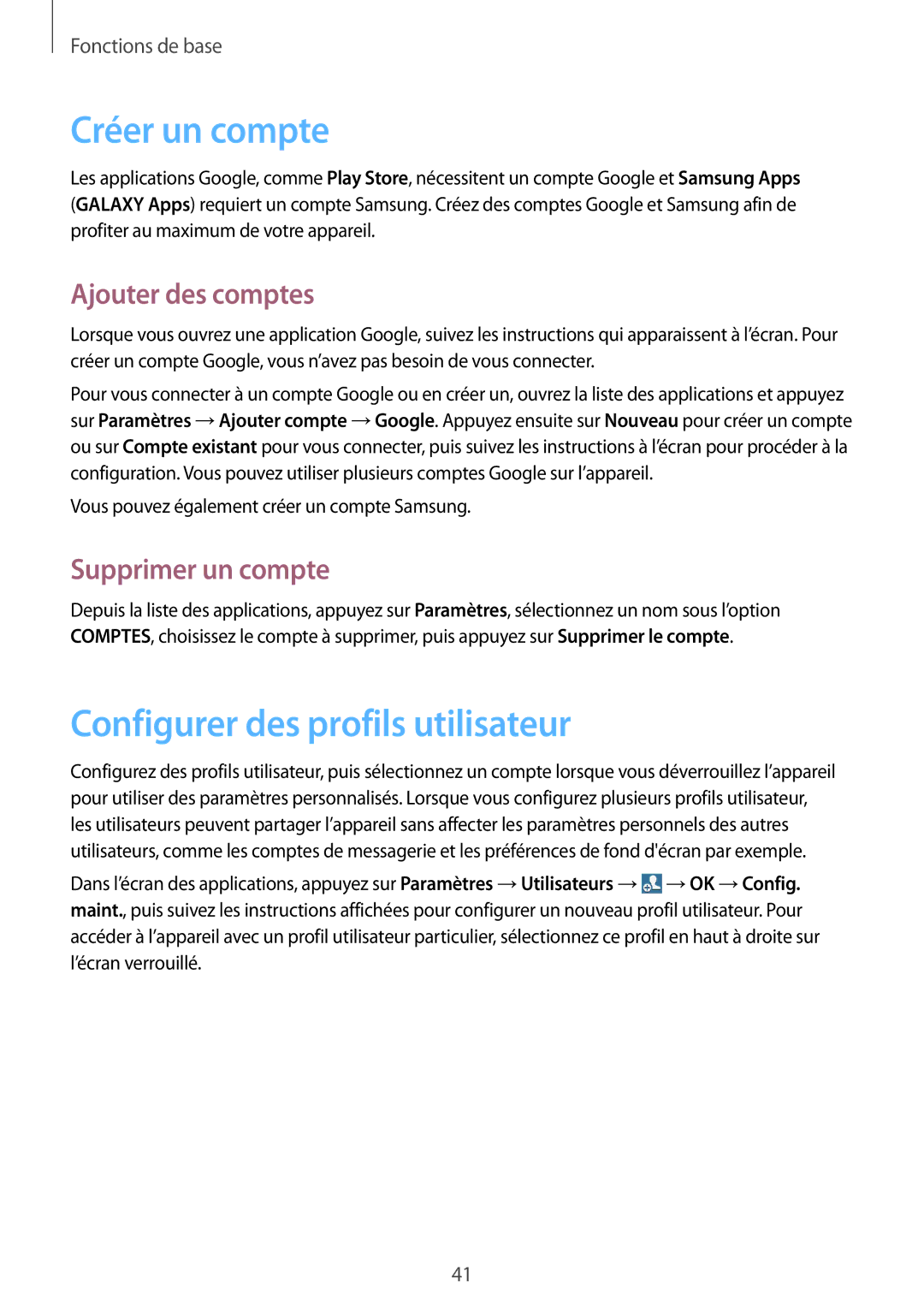 Samsung GT-N8010EAAXEF manual Créer un compte, Configurer des profils utilisateur, Ajouter des comptes, Supprimer un compte 
