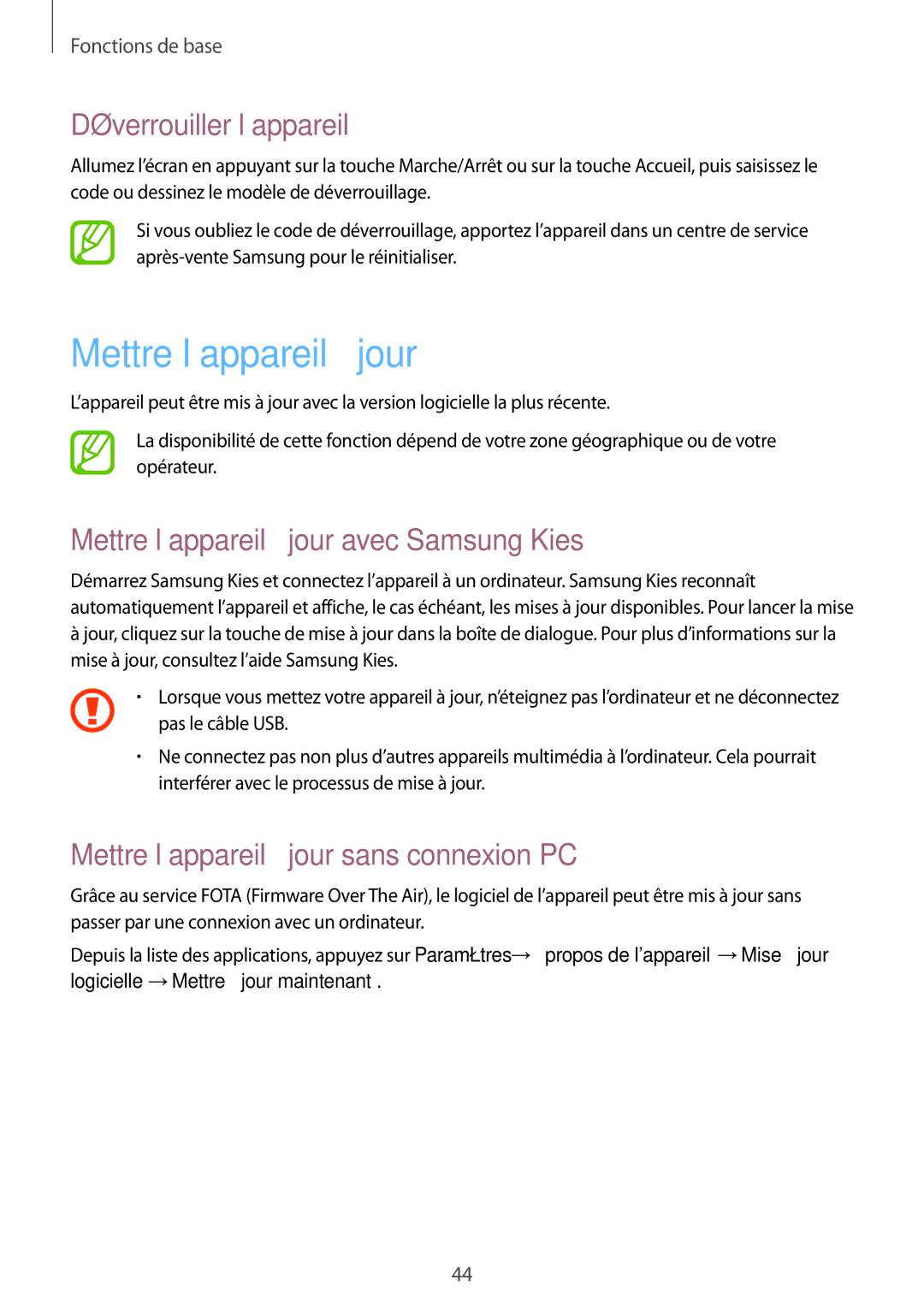 Samsung GT-N8010ZWAXEF, GT-N8010EAEXEF manual Déverrouiller l’appareil, Mettre l’appareil à jour avec Samsung Kies 