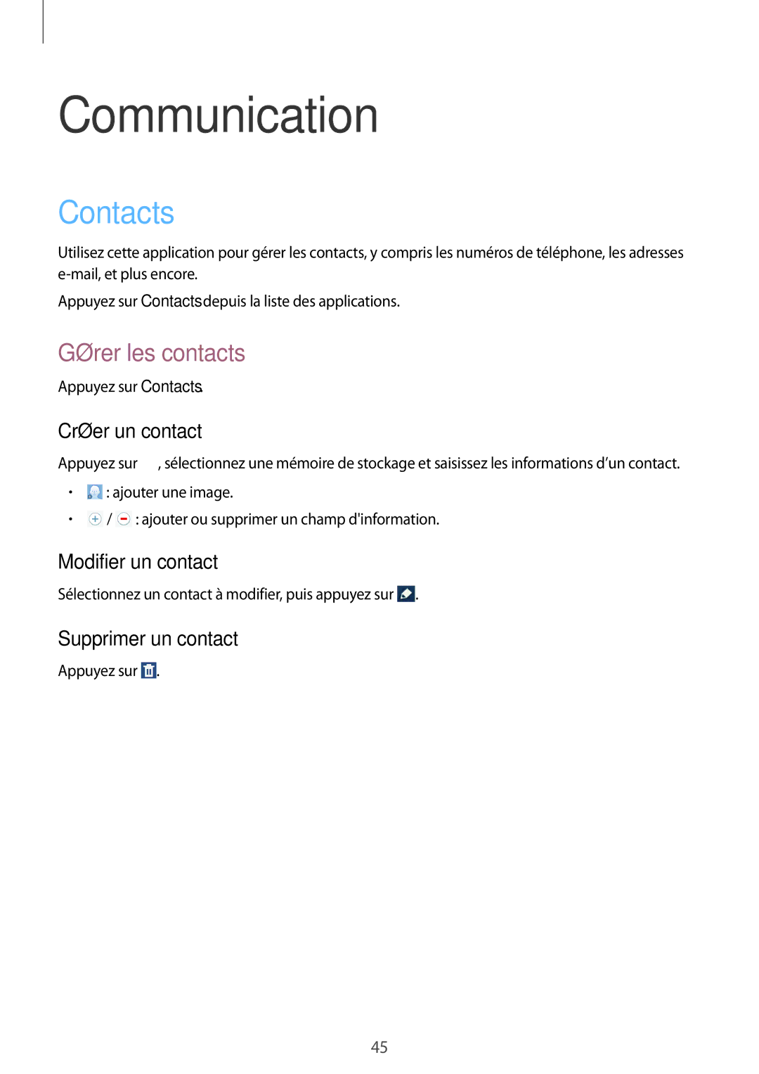 Samsung GT-N8010EAXXEF, GT-N8010EAEXEF, GT-N8010ZWXXEF, GT-N8010ZWAXEF manual Communication, Contacts, Gérer les contacts 