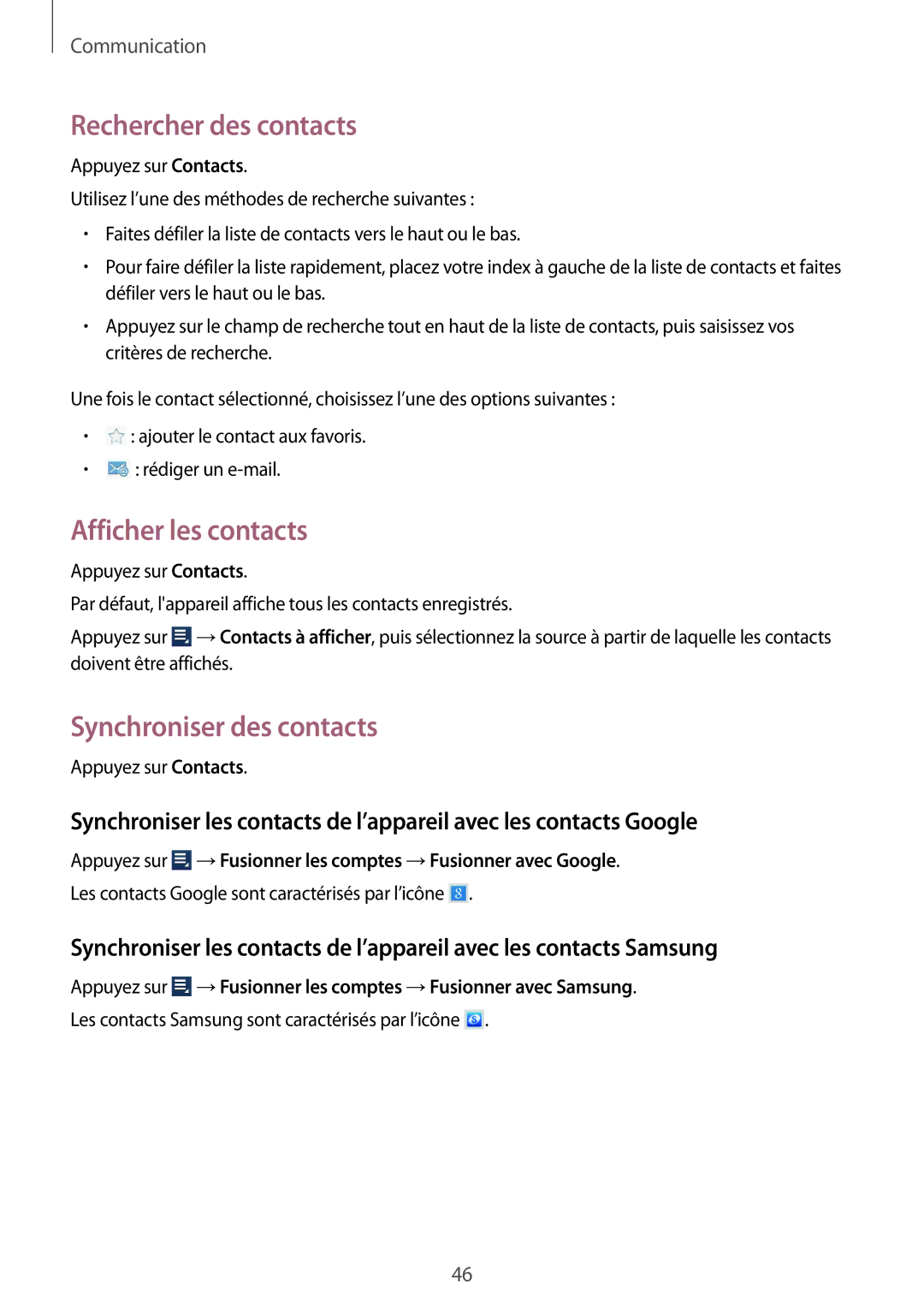 Samsung GT-N8010ZWEXEF, GT-N8010EAEXEF manual Rechercher des contacts, Afficher les contacts, Synchroniser des contacts 