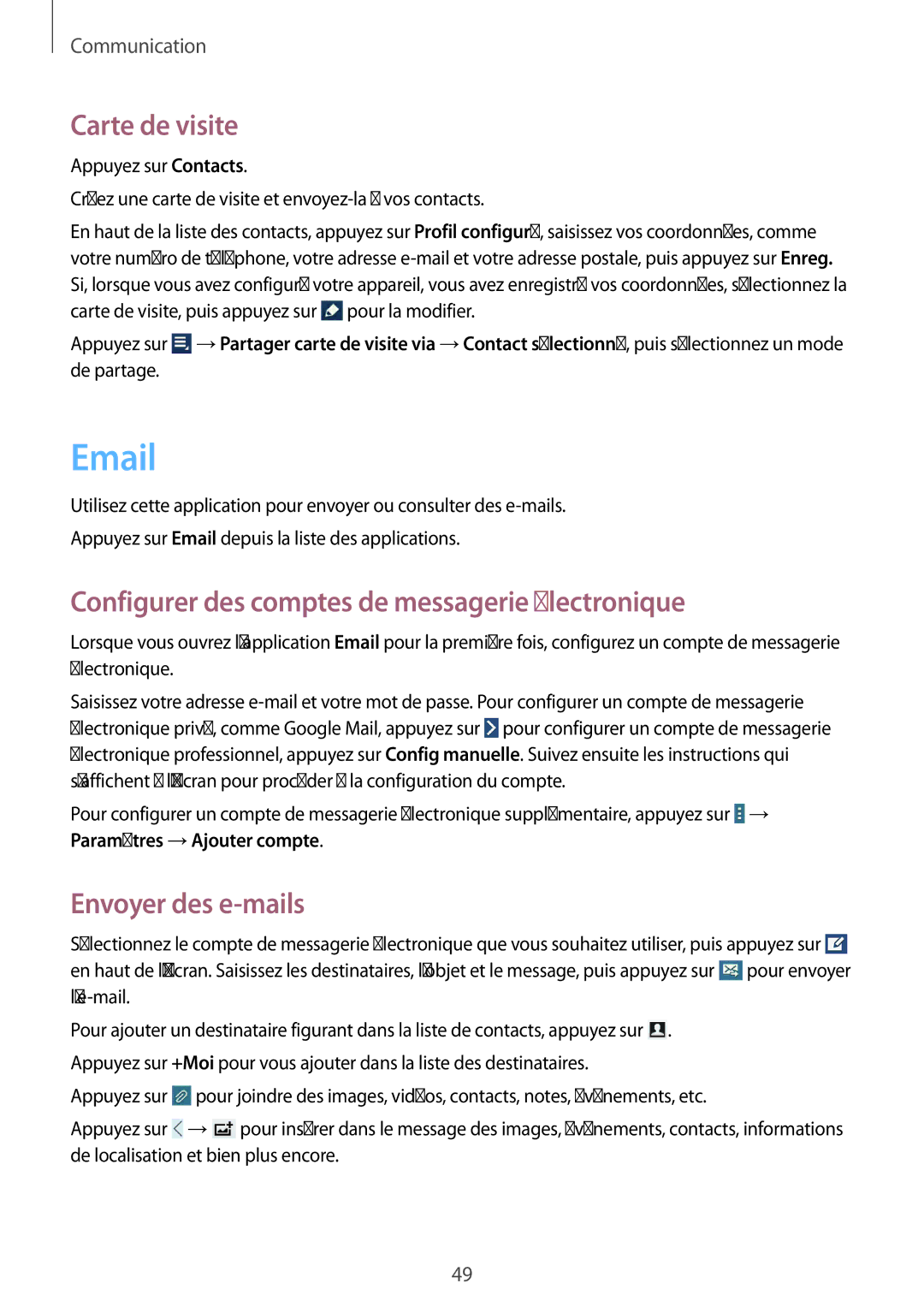 Samsung GT-N8010ZWXXEF manual Carte de visite, Configurer des comptes de messagerie électronique, Envoyer des e-mails 