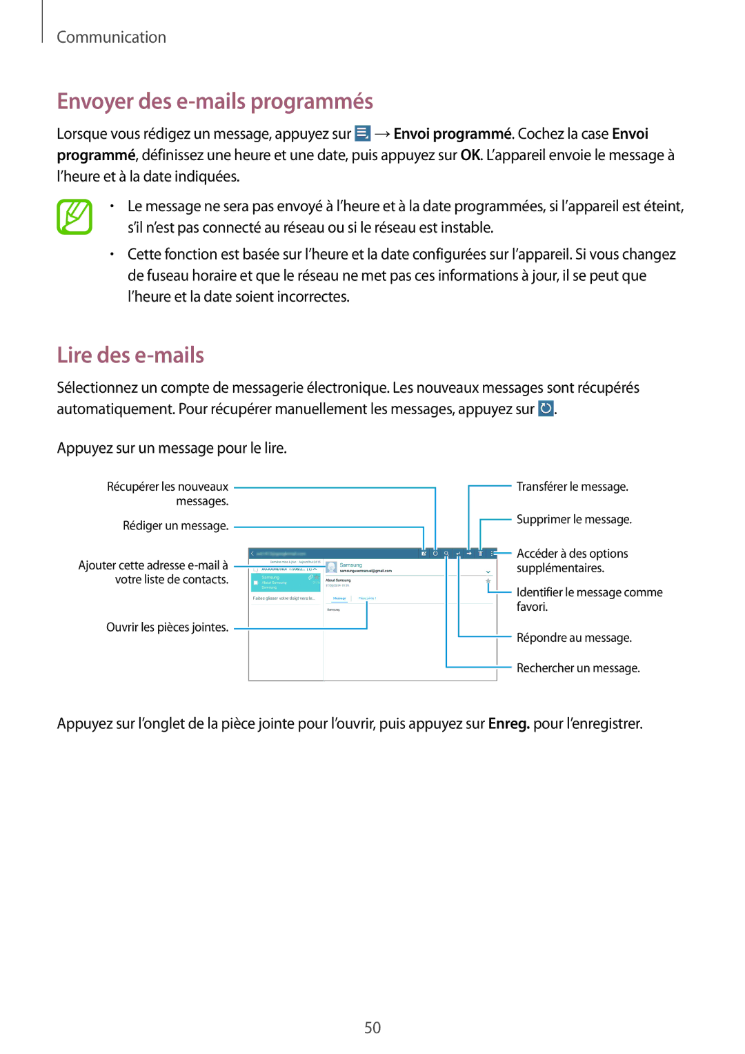 Samsung GT-N8010ZWAXEF, GT-N8010EAEXEF, GT-N8010ZWXXEF, GT-N8010EAXXEF manual Envoyer des e-mails programmés, Lire des e-mails 