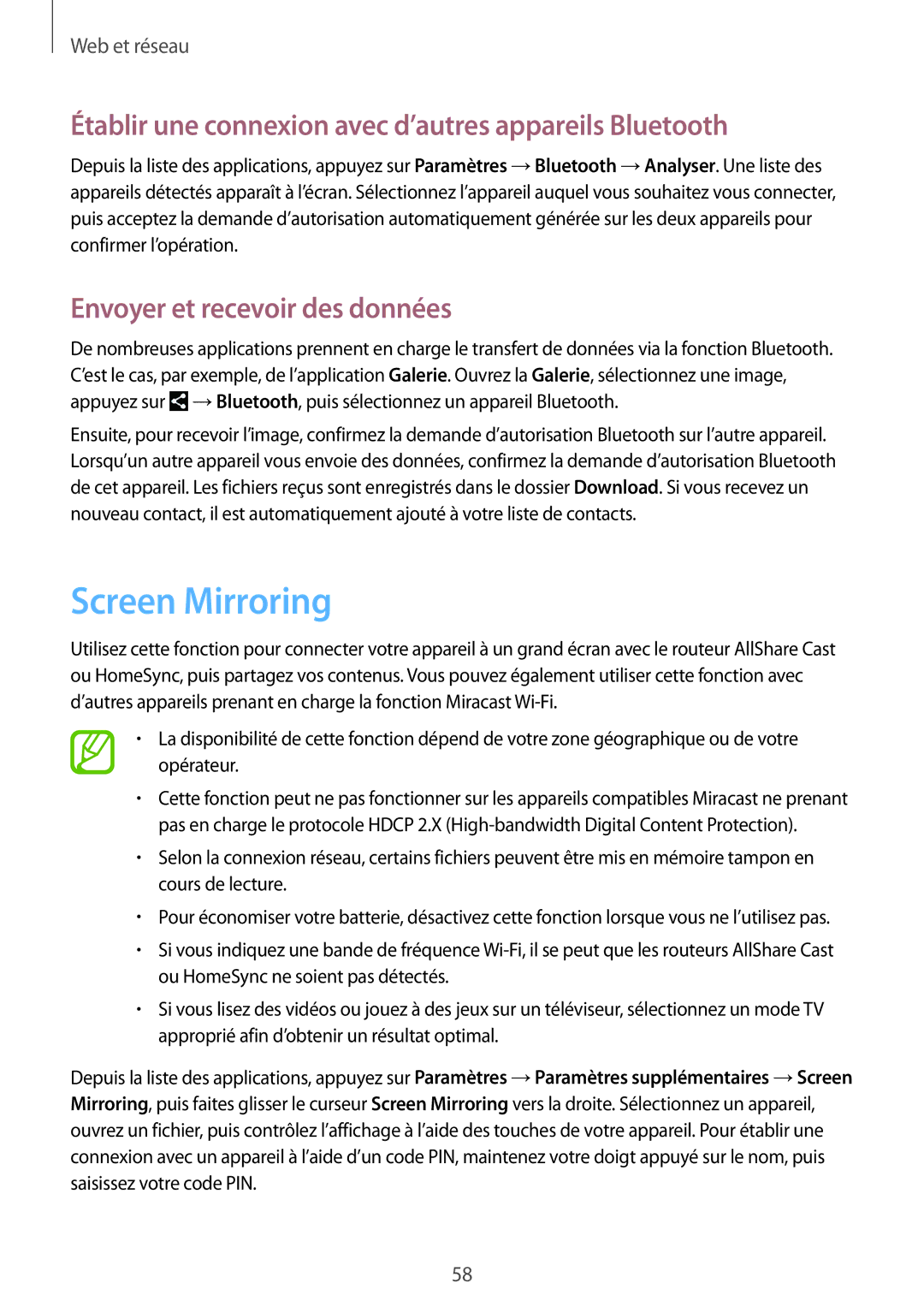 Samsung GT-N8010ZWEXEF, GT-N8010EAEXEF manual Screen Mirroring, Établir une connexion avec d’autres appareils Bluetooth 