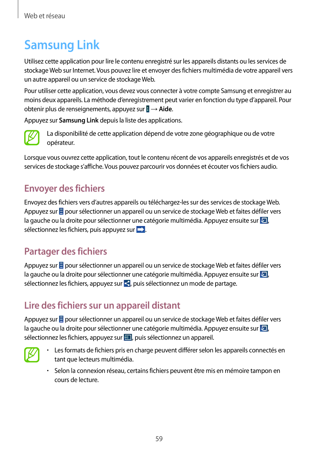 Samsung GT-N8010EAAXEF, GT-N8010EAEXEF, GT-N8010ZWXXEF manual Samsung Link, Envoyer des fichiers, Partager des fichiers 