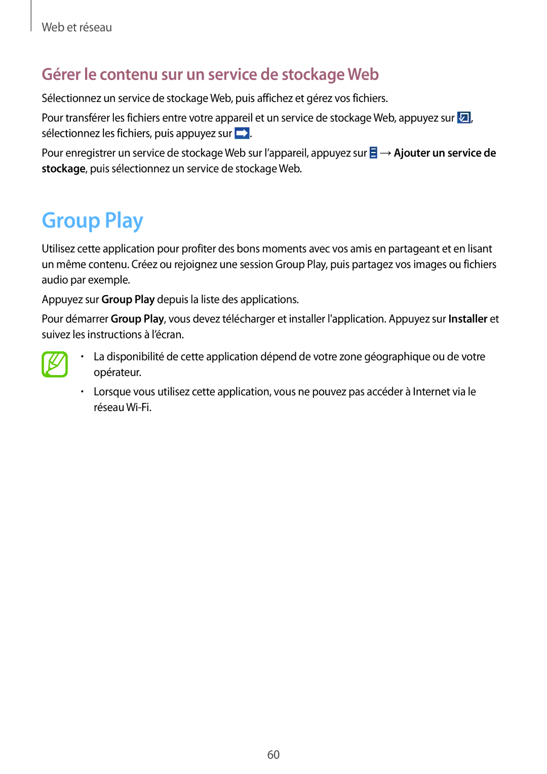 Samsung GT-N8010EAEXEF, GT-N8010ZWXXEF, GT-N8010ZWAXEF manual Group Play, Gérer le contenu sur un service de stockage Web 