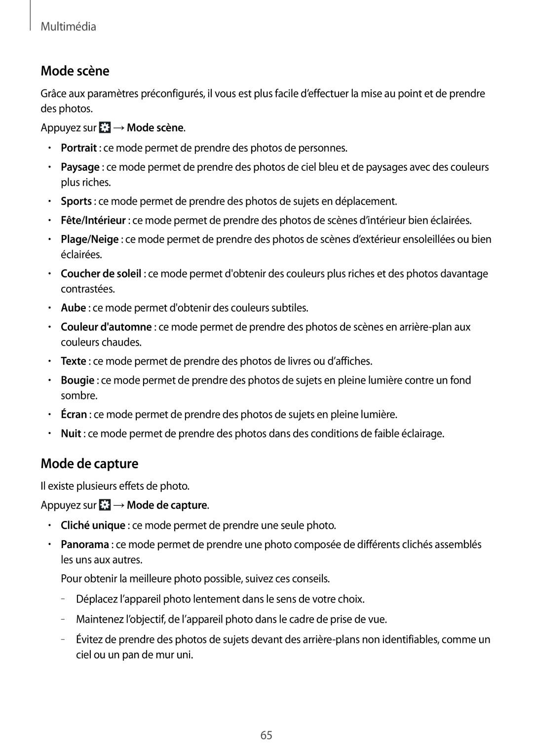 Samsung GT-N8010EAAXEF, GT-N8010EAEXEF, GT-N8010ZWXXEF, GT-N8010ZWAXEF, GT-N8010EAXXEF manual Mode scène, Mode de capture 