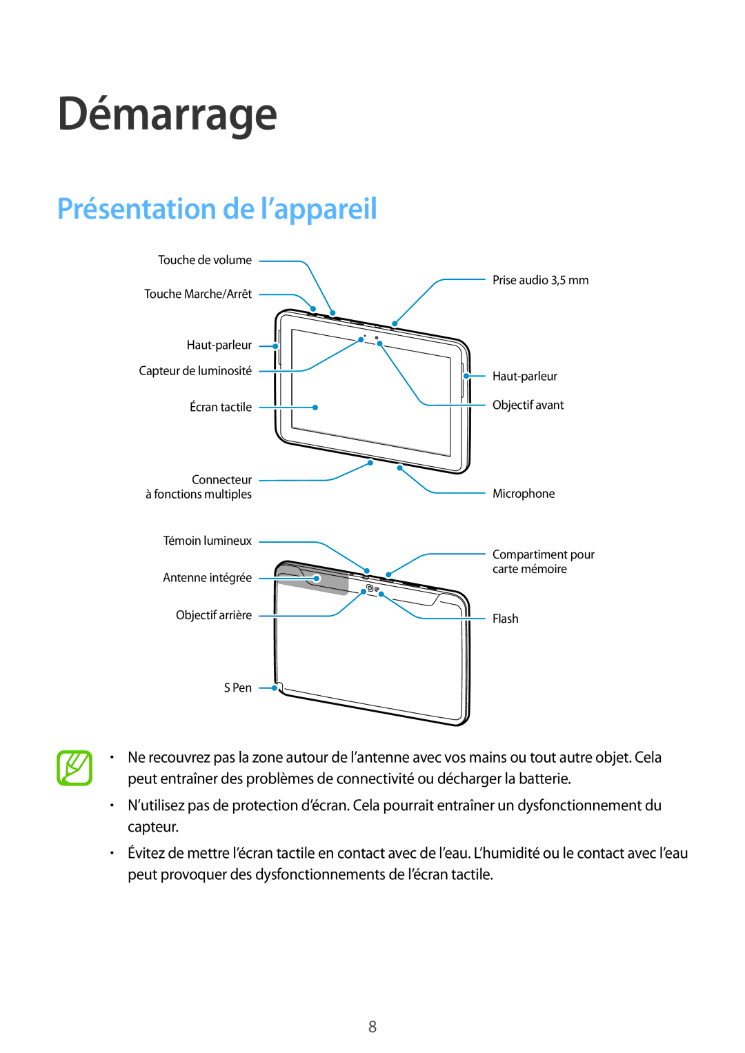 Samsung GT-N8010ZWAXEF, GT-N8010EAEXEF, GT-N8010ZWXXEF, GT-N8010EAXXEF, GT-N8010ZWEXEF Démarrage, Présentation de l’appareil 