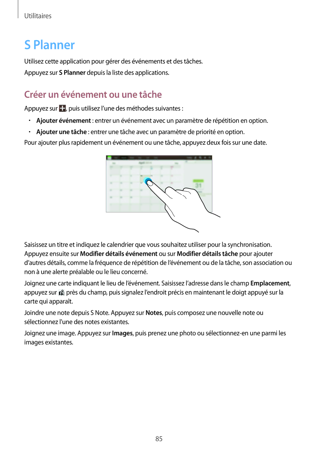 Samsung GT-N8010ZWXXEF, GT-N8010EAEXEF, GT-N8010ZWAXEF, GT-N8010EAXXEF manual Planner, Créer un événement ou une tâche 