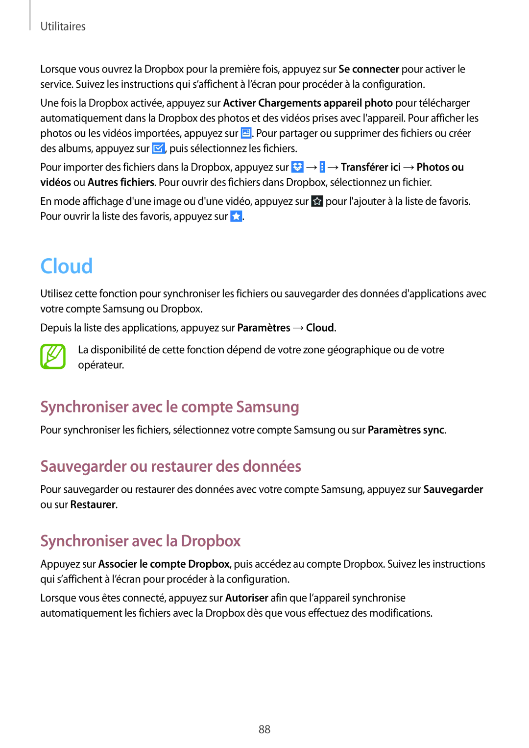 Samsung GT-N8010ZWEXEF, GT-N8010EAEXEF Cloud, Synchroniser avec le compte Samsung, Sauvegarder ou restaurer des données 