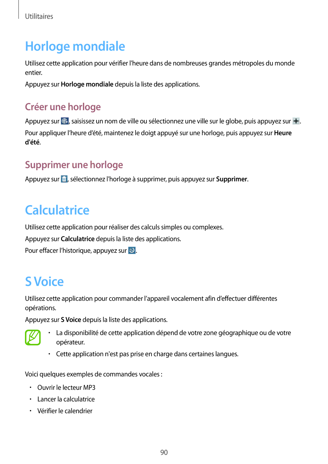 Samsung GT-N8010EAEXEF, GT-N8010ZWXXEF Horloge mondiale, Calculatrice, Voice, Créer une horloge, Supprimer une horloge 