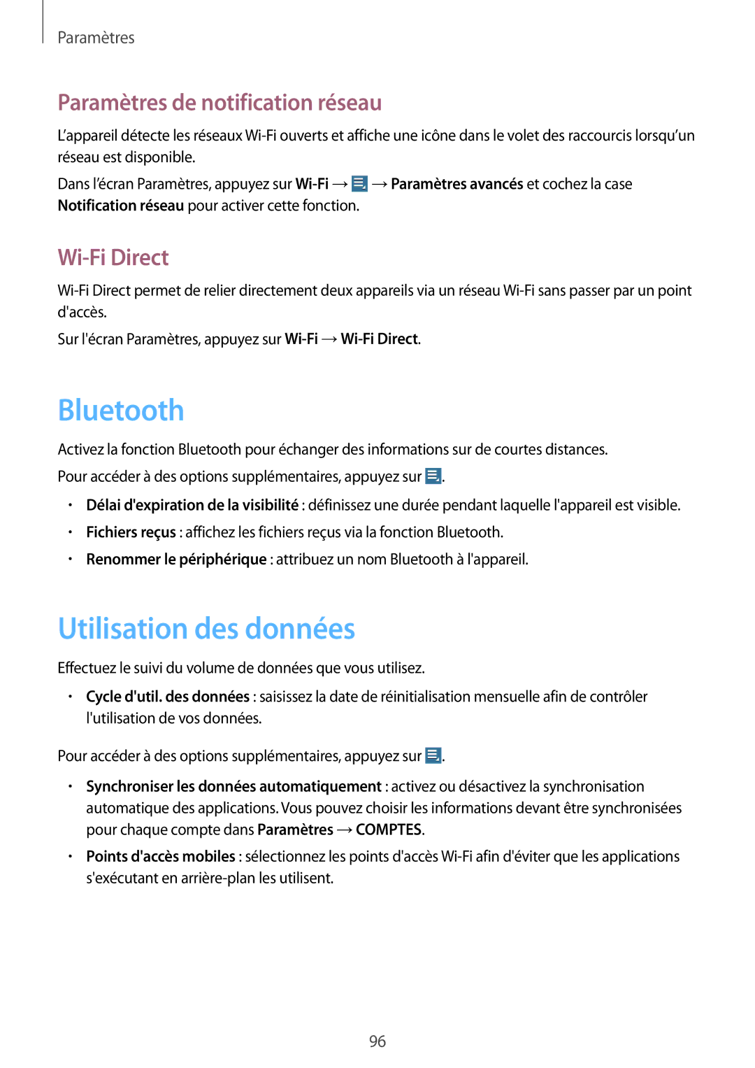 Samsung GT-N8010EAEXEF, GT-N8010ZWXXEF manual Utilisation des données, Paramètres de notification réseau, Wi-Fi Direct 