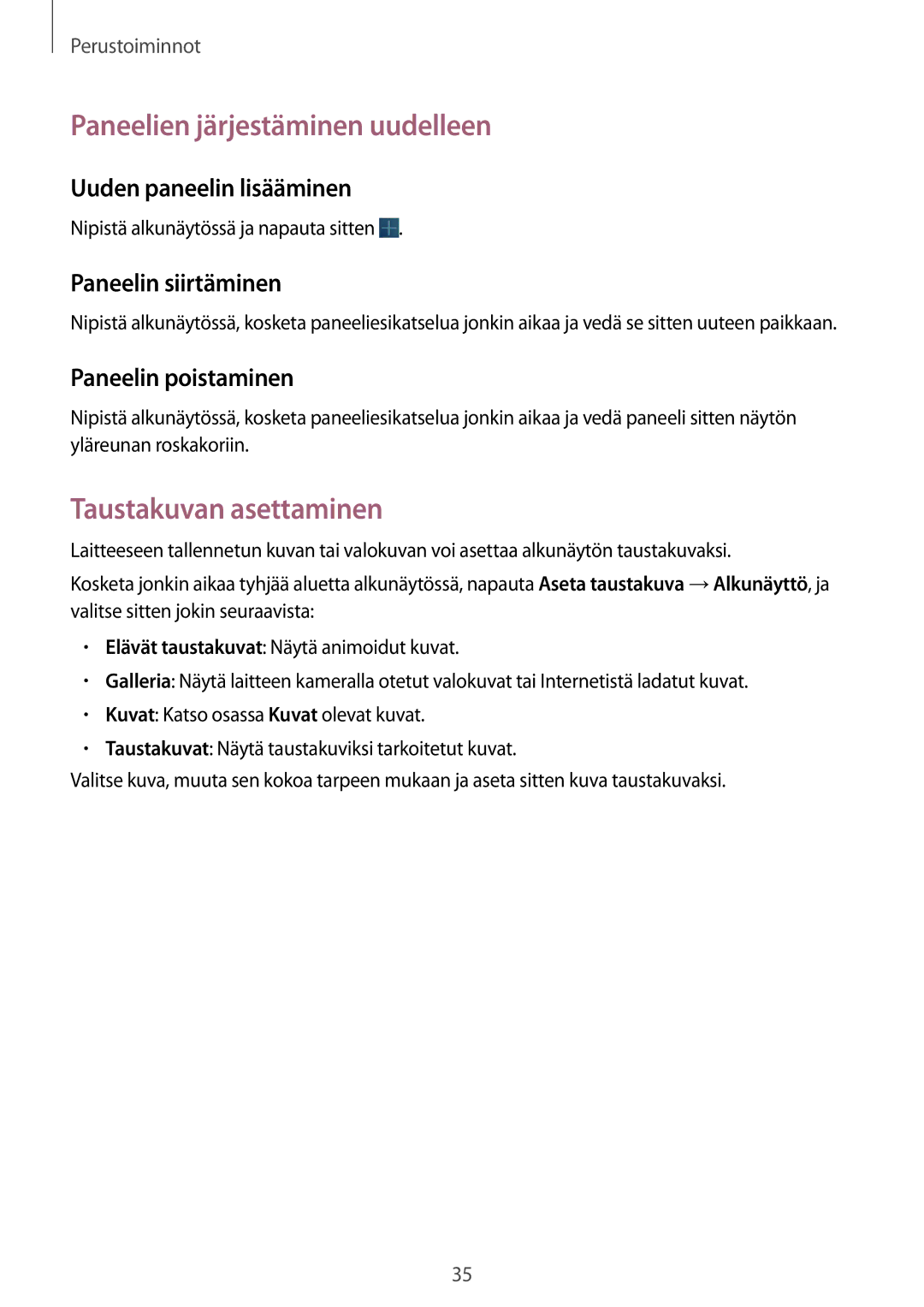 Samsung GT-N8010ZWANEE manual Paneelien järjestäminen uudelleen, Taustakuvan asettaminen, Uuden paneelin lisääminen 