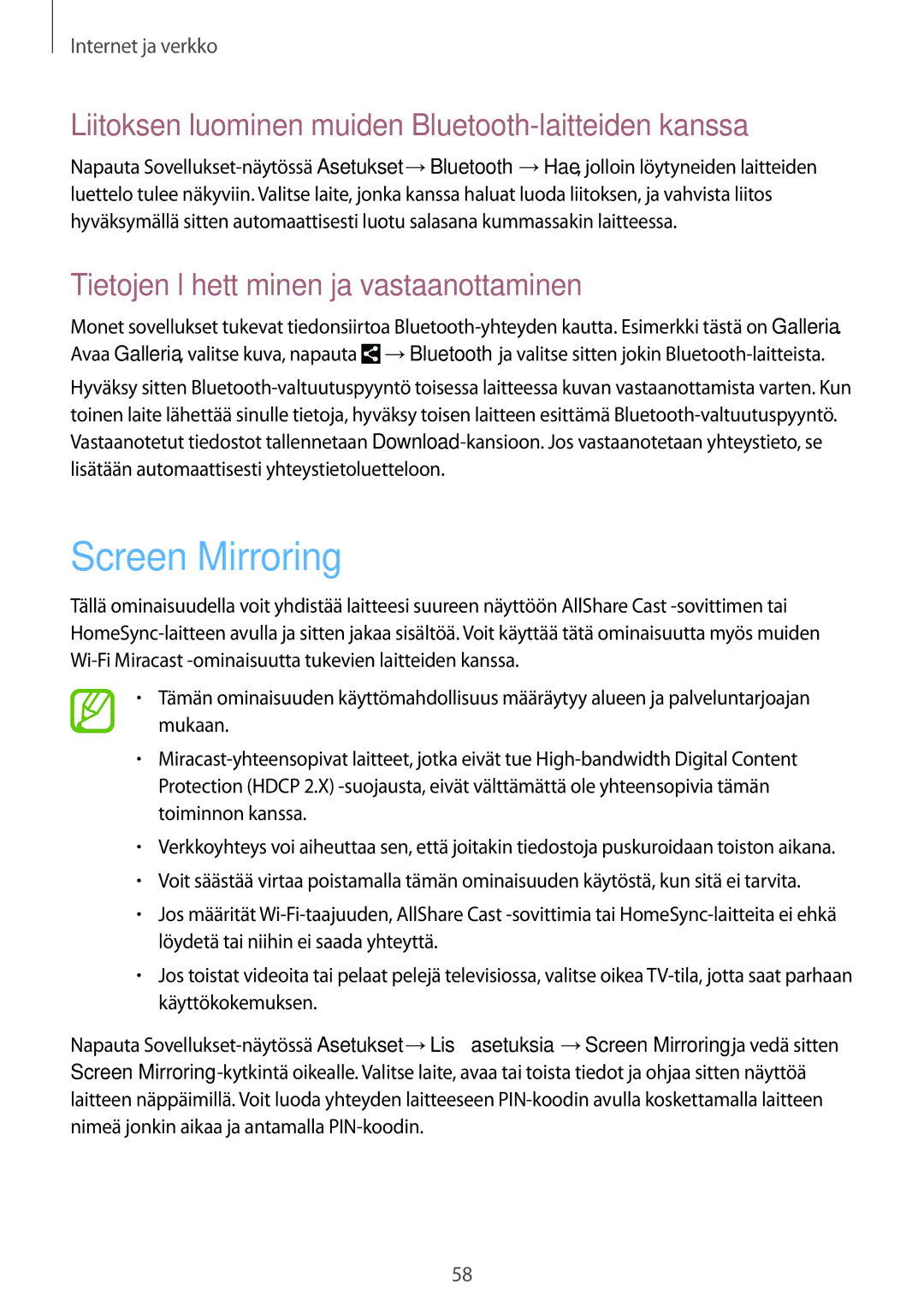 Samsung GT-N8010GRANEE, GT-N8010ZWANEE manual Screen Mirroring, Liitoksen luominen muiden Bluetooth-laitteiden kanssa 
