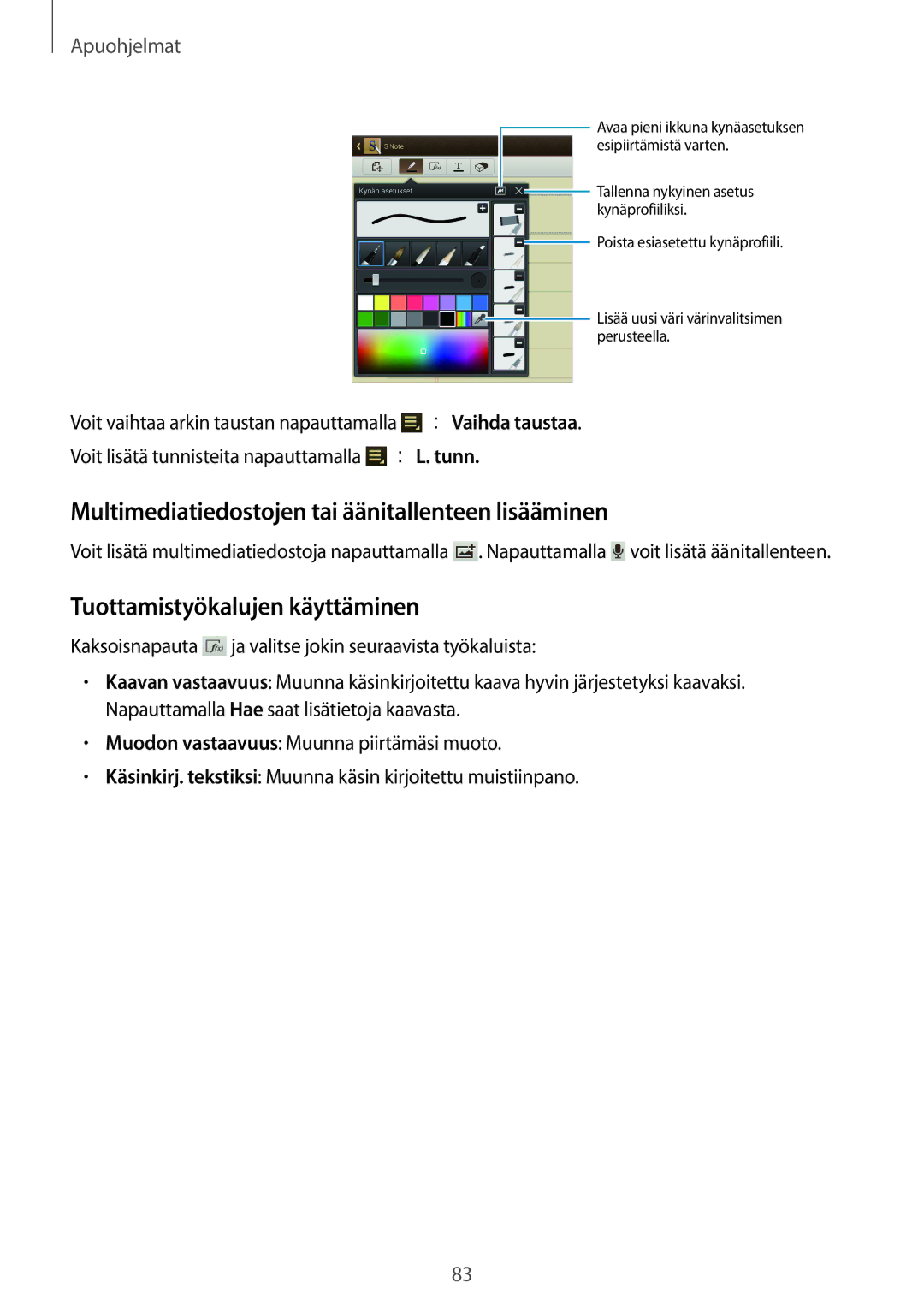 Samsung GT-N8010GRANEE manual Multimediatiedostojen tai äänitallenteen lisääminen, Tuottamistyökalujen käyttäminen 