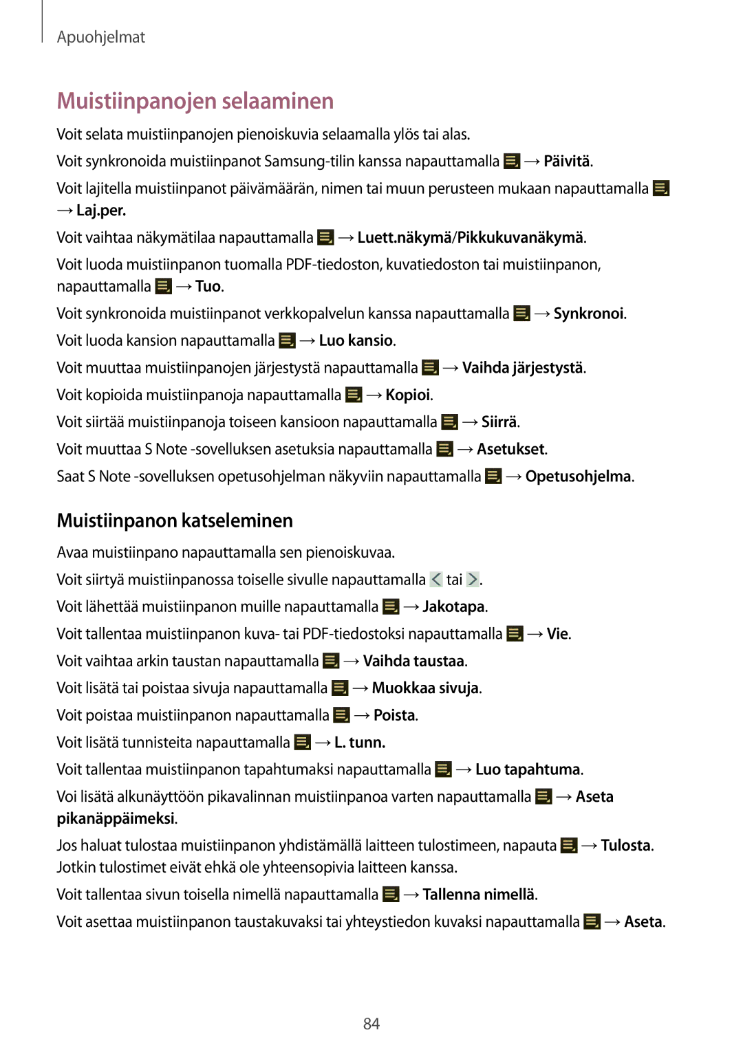 Samsung GT-N8010EAANEE, GT-N8010ZWANEE, GT-N8010ZWXNEE manual Muistiinpanojen selaaminen, Muistiinpanon katseleminen 