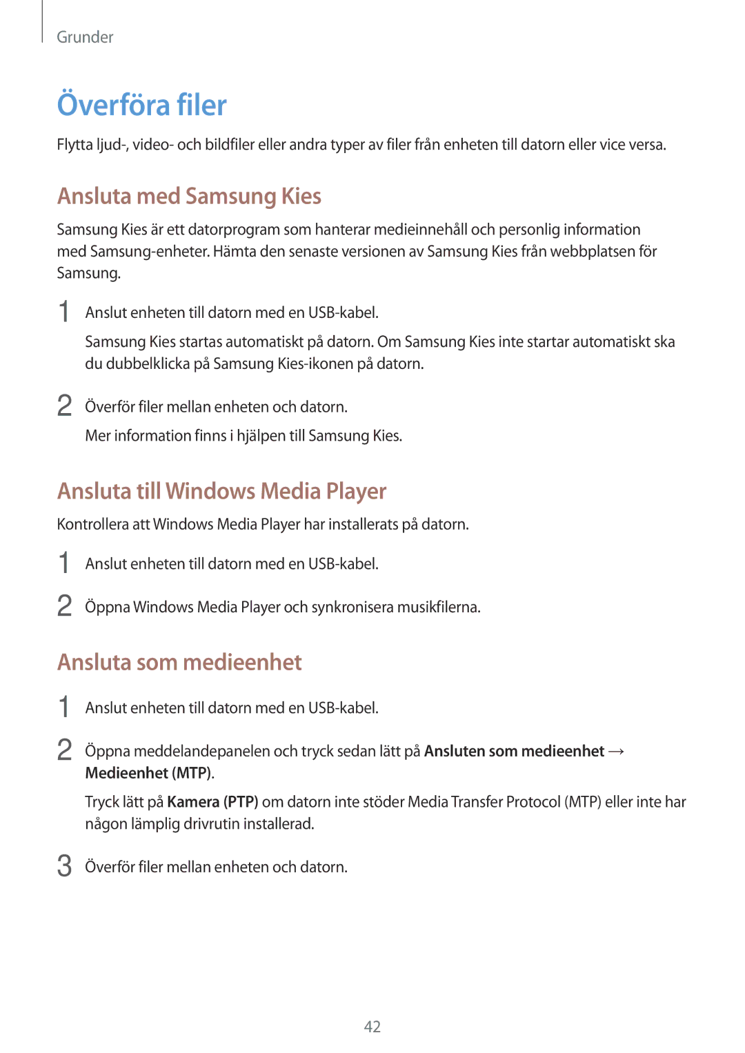 Samsung GT-N8010EAXNEE Överföra filer, Ansluta med Samsung Kies, Ansluta till Windows Media Player, Ansluta som medieenhet 