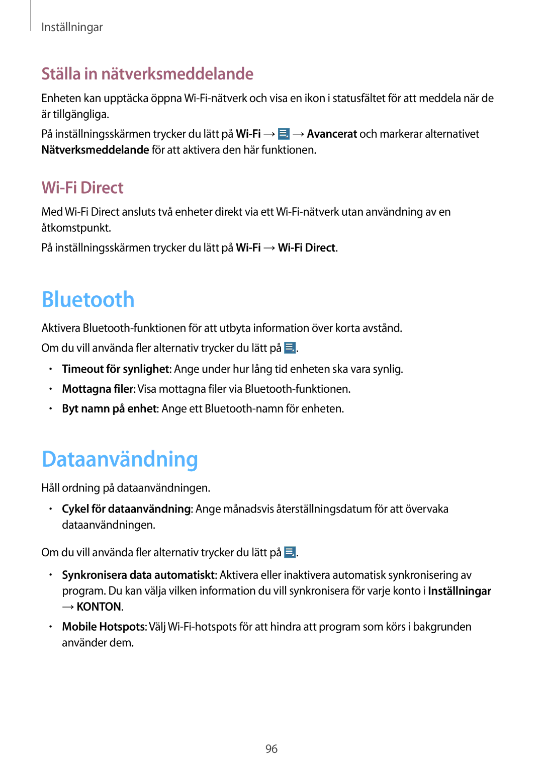 Samsung GT-N8010ZWXNEE, GT-N8010ZWANEE, GT-N8010EAXNEE manual Dataanvändning, Ställa in nätverksmeddelande, Wi-Fi Direct 