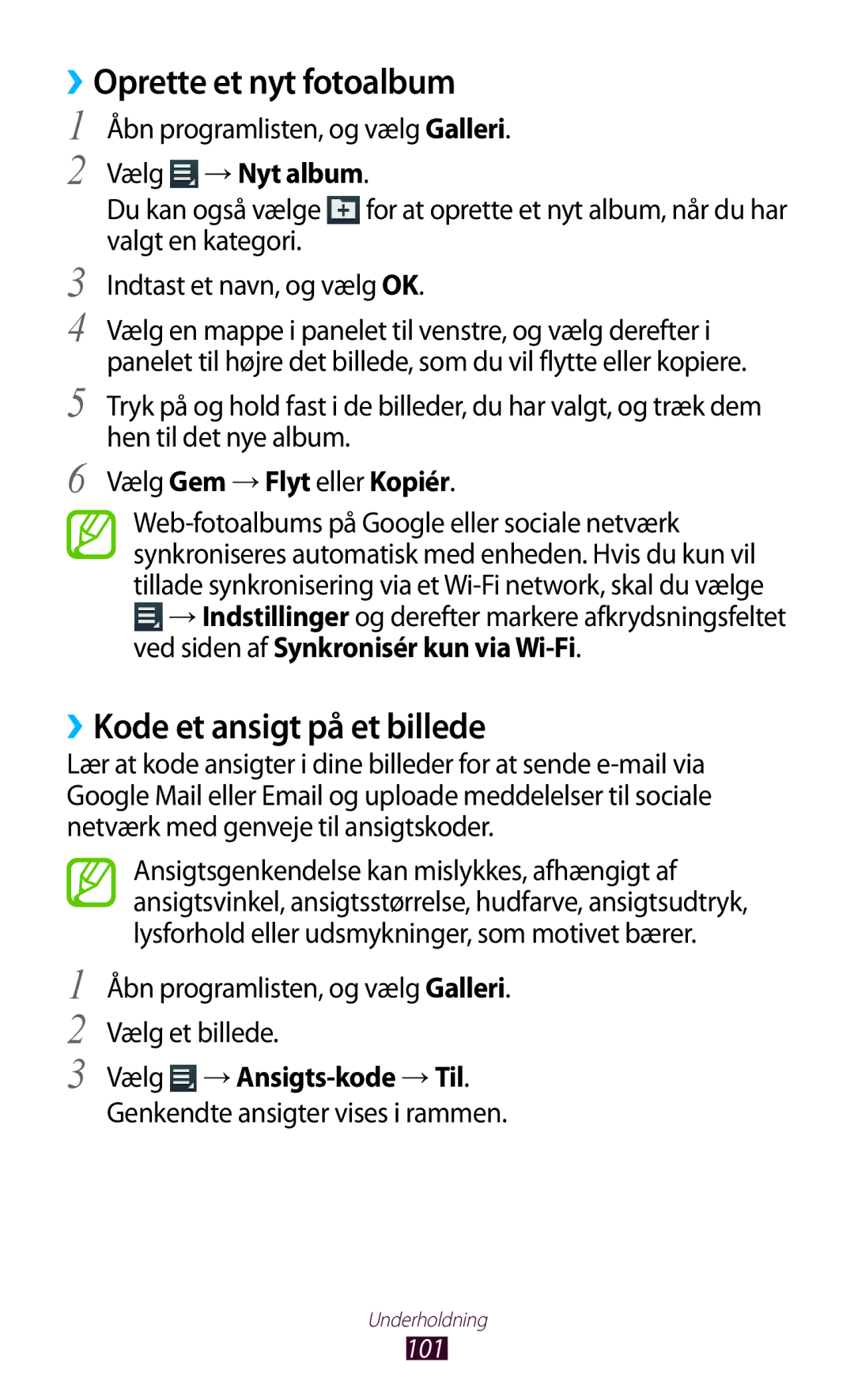 Samsung GT-N8010ZWXNEE, GT-N8010ZWANEE manual ››Oprette et nyt fotoalbum, ››Kode et ansigt på et billede, Vælg →Nyt album 
