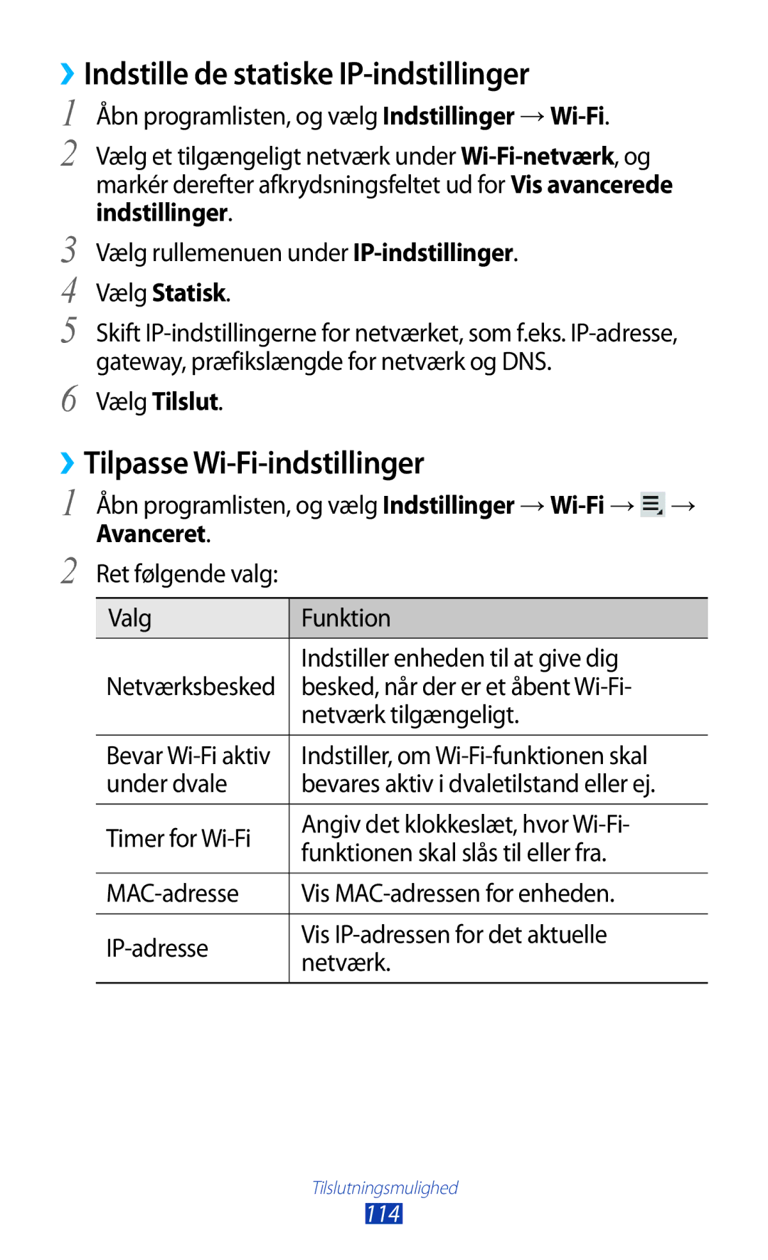 Samsung GT-N8010EAANEE manual ››Indstille de statiske IP-indstillinger, ››Tilpasse Wi-Fi-indstillinger, Vælg Statisk 