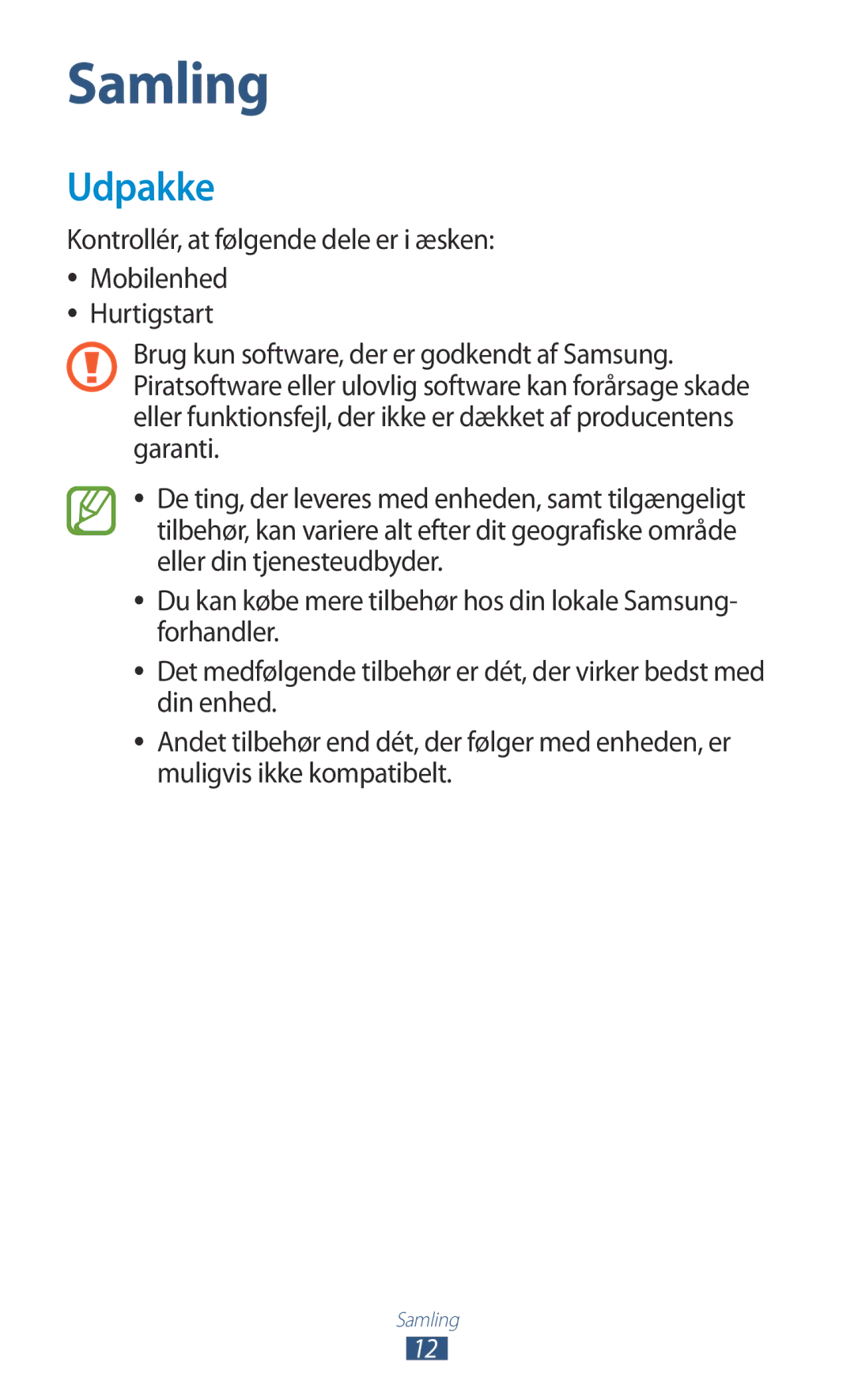 Samsung GT-N8010EAXNEE, GT-N8010ZWANEE, GT-N8010ZWXNEE, GT-N8010GRANEE, GT-N8010EAANEE manual Samling, Udpakke 