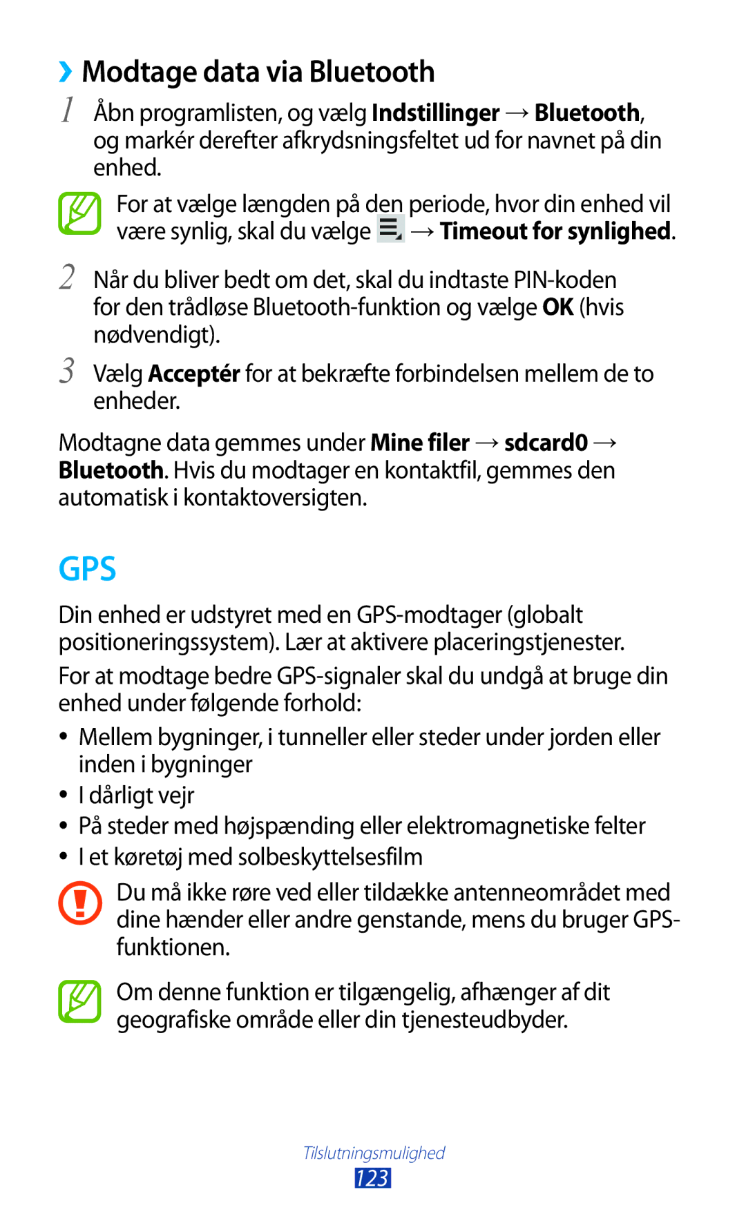 Samsung GT-N8010GRANEE, GT-N8010ZWANEE, GT-N8010ZWXNEE, GT-N8010EAXNEE, GT-N8010EAANEE manual Gps, ››Modtage data via Bluetooth 