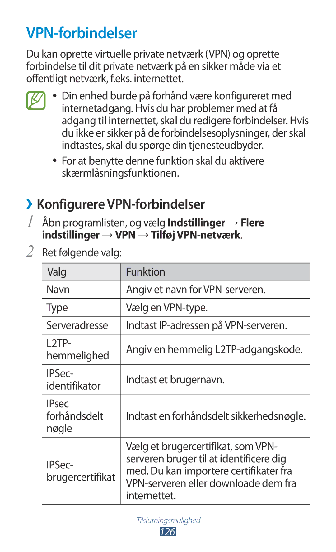 Samsung GT-N8010ZWXNEE manual ››Konfigurere VPN-forbindelser, Indstillinger →VPN →Tilføj VPN-netværk, Hemmelighed 