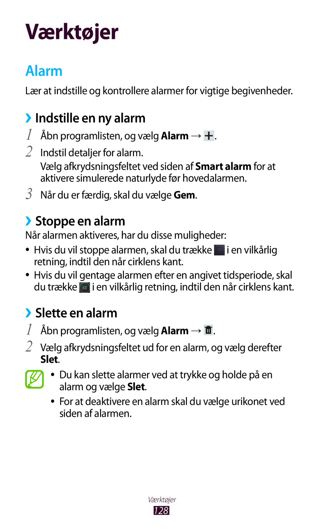 Samsung GT-N8010GRANEE, GT-N8010ZWANEE, GT-N8010ZWXNEE Alarm, ››Indstille en ny alarm, ››Stoppe en alarm, ››Slette en alarm 