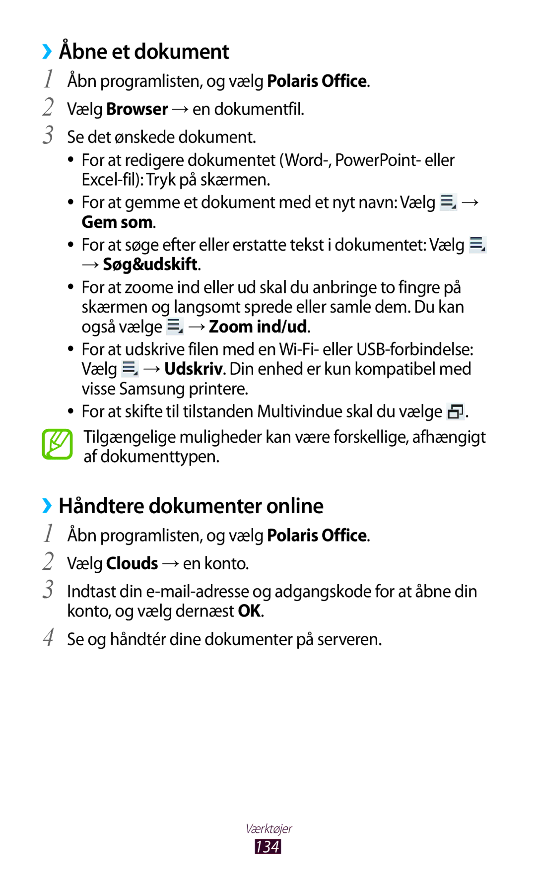 Samsung GT-N8010EAANEE, GT-N8010ZWANEE, GT-N8010ZWXNEE manual ››Åbne et dokument, ››Håndtere dokumenter online, → Søg&udskift 