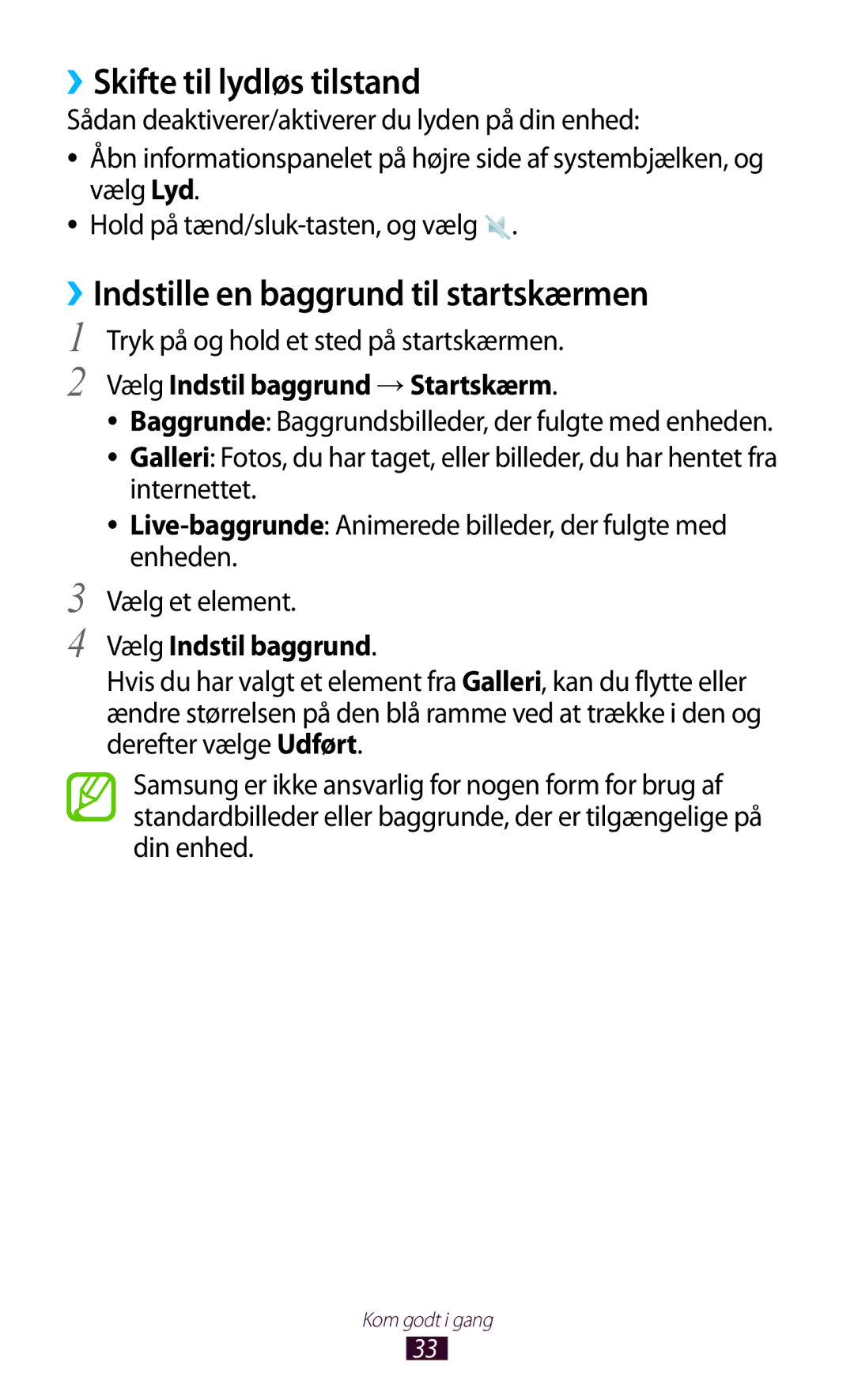 Samsung GT-N8010GRANEE manual ››Skifte til lydløs tilstand, ››Indstille en baggrund til startskærmen, Vælg Indstil baggrund 