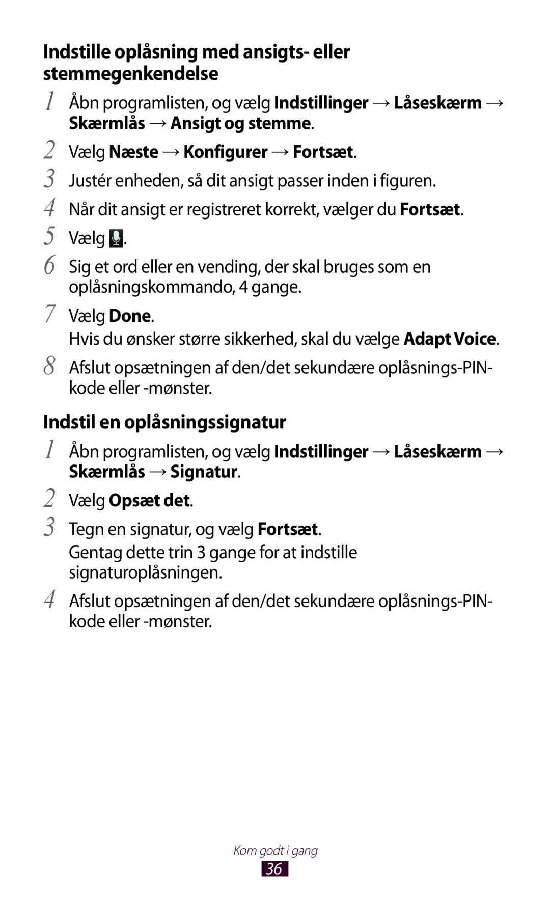 Samsung GT-N8010ZWXNEE manual Indstil en oplåsningssignatur, Indstille oplåsning med ansigts- eller stemmegenkendelse 