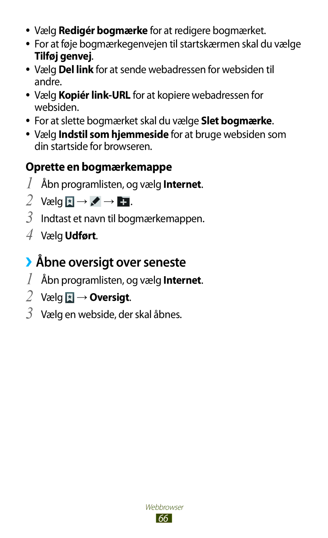 Samsung GT-N8010ZWXNEE manual ››Åbne oversigt over seneste, Oprette en bogmærkemappe, Åbn programlisten, og vælg Internet 