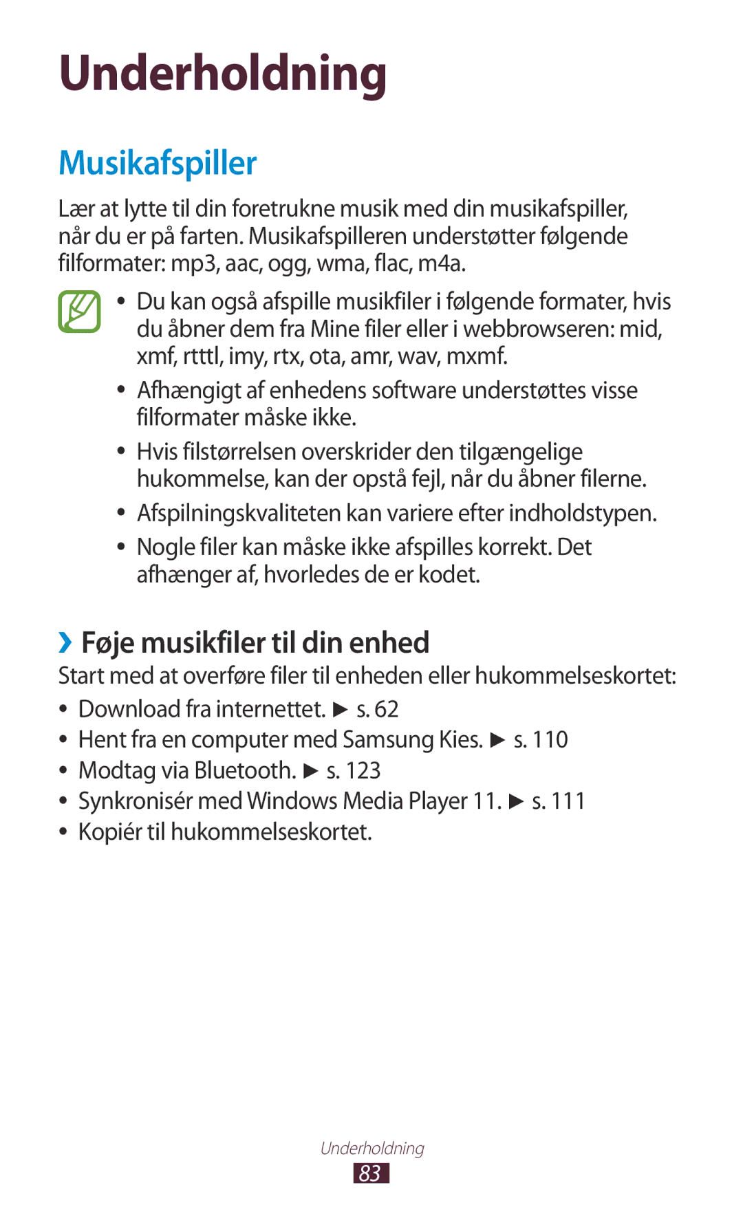 Samsung GT-N8010GRANEE, GT-N8010ZWANEE, GT-N8010ZWXNEE, GT-N8010EAXNEE manual Musikafspiller, ››Føje musikfiler til din enhed 