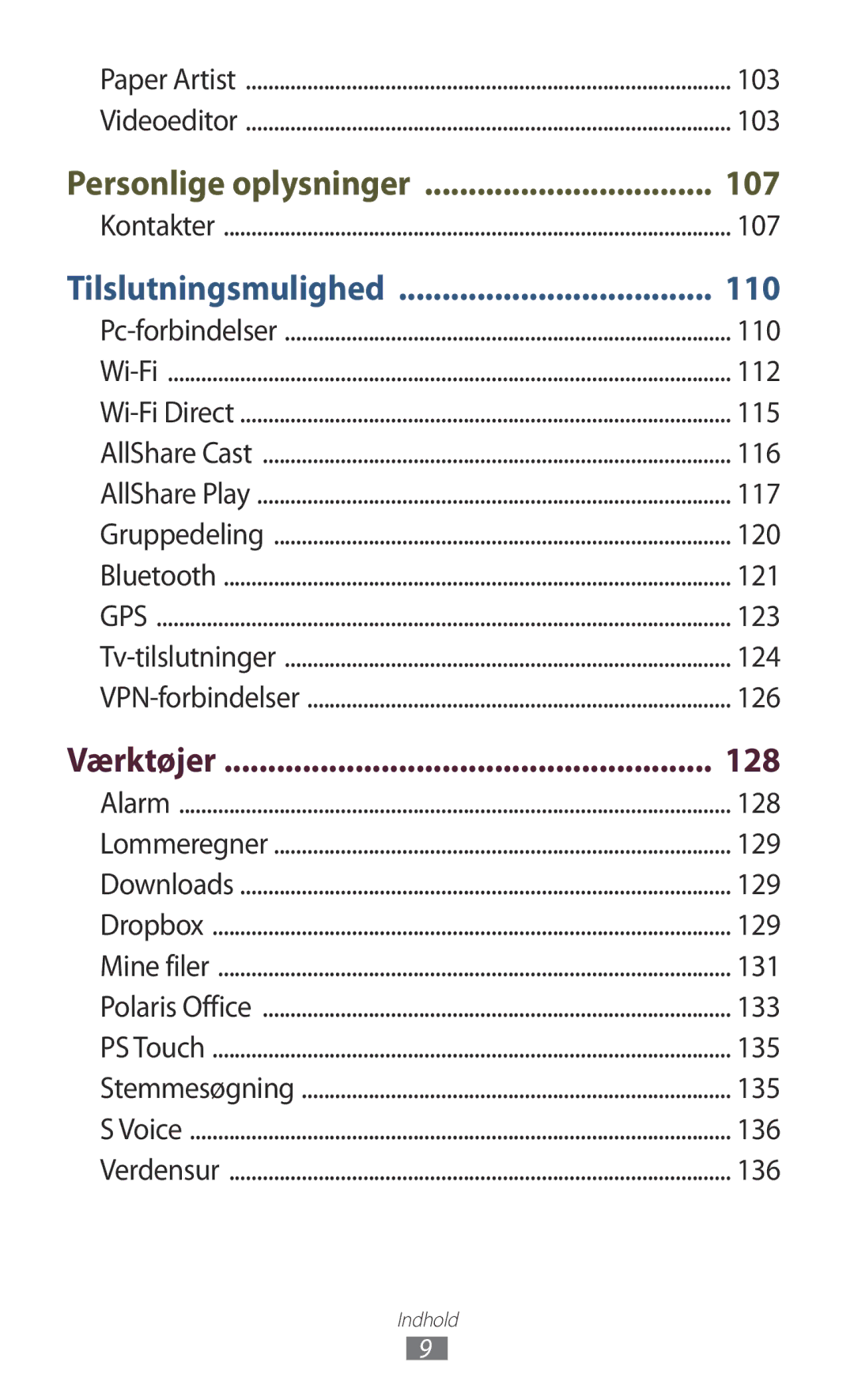 Samsung GT-N8010EAANEE, GT-N8010ZWANEE, GT-N8010ZWXNEE, GT-N8010EAXNEE, GT-N8010GRANEE manual Værktøjer 128 