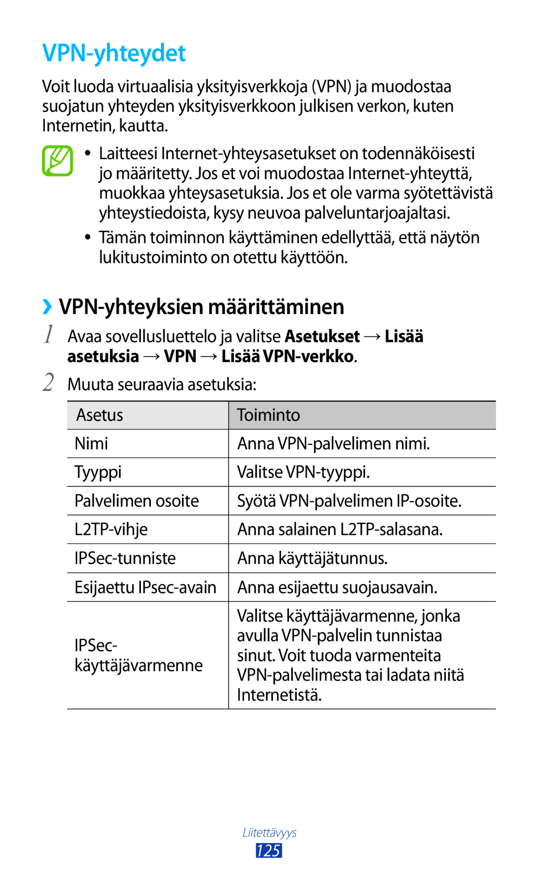 Samsung GT-N8010ZWANEE, GT-N8010ZWXNEE manual VPN-yhteydet, ››VPN-yhteyksien määrittäminen, Anna esijaettu suojausavain 