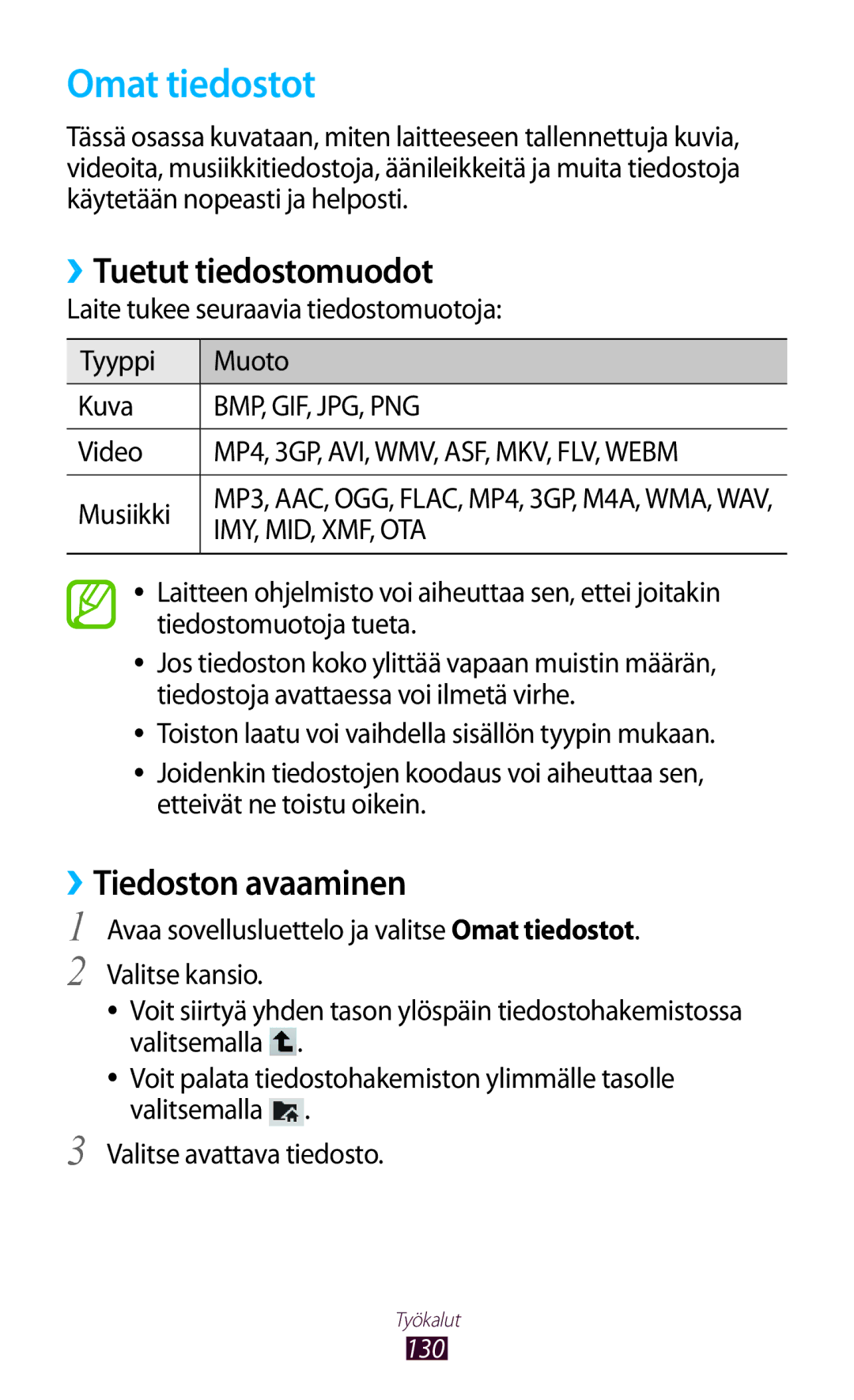 Samsung GT-N8010ZWANEE, GT-N8010ZWXNEE, GT-N8010EAXNEE manual Omat tiedostot, ››Tuetut tiedostomuodot, ››Tiedoston avaaminen 